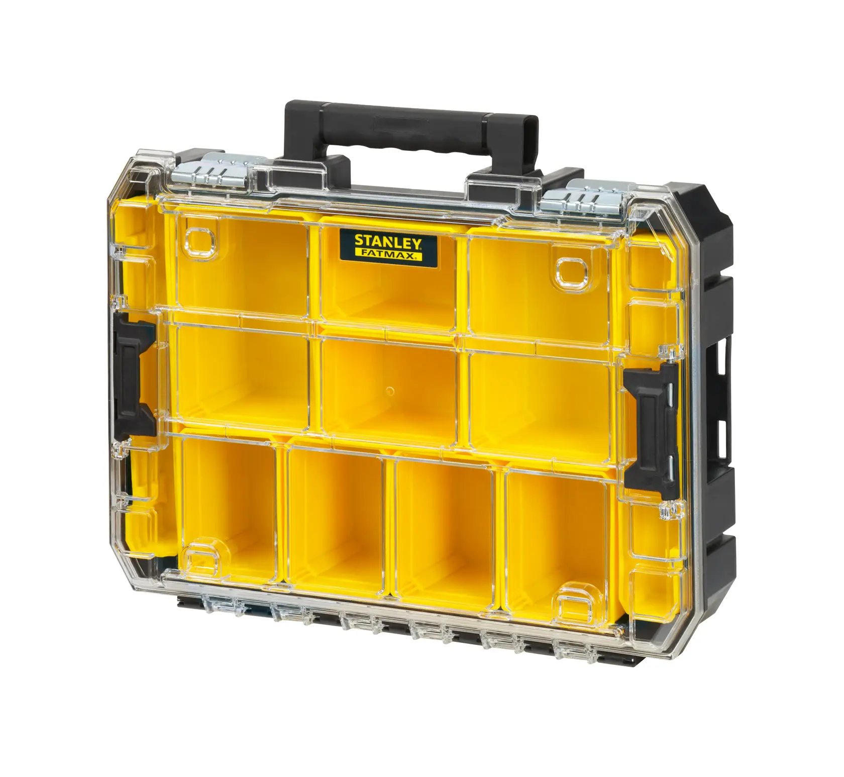 STANLEY FMST82967-1 organizzatore giallo con coperchio trasparente e manico nero, foto frontale.