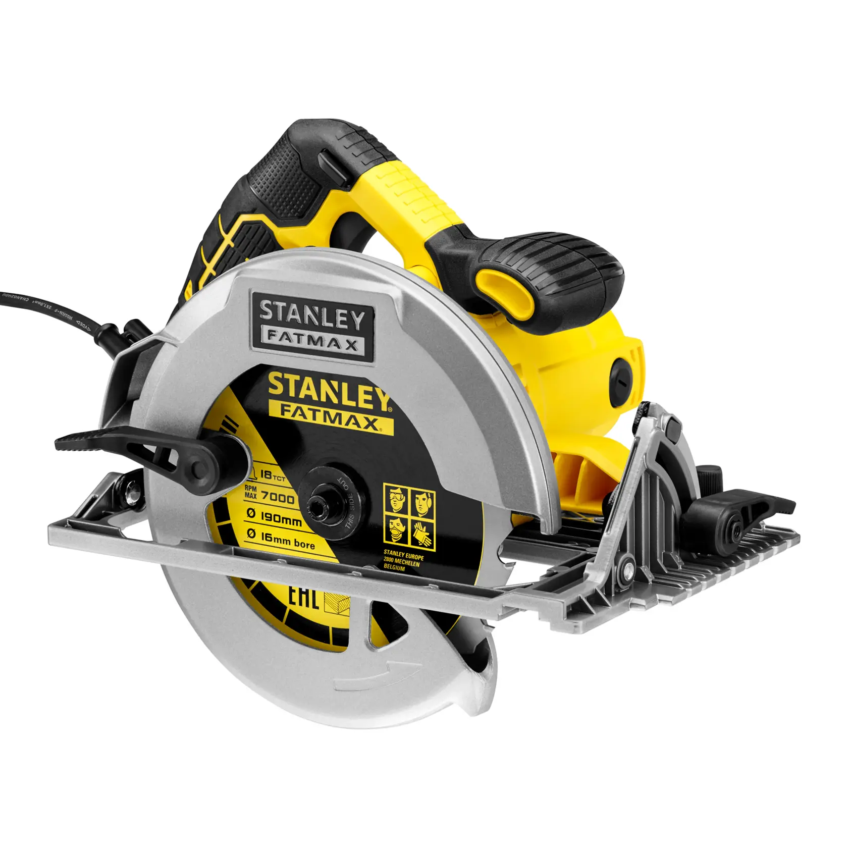 STANLEY KFFMES301 sega circolare, vista laterale, corpo giallo e nero, protezione lama argentata, con cavo.