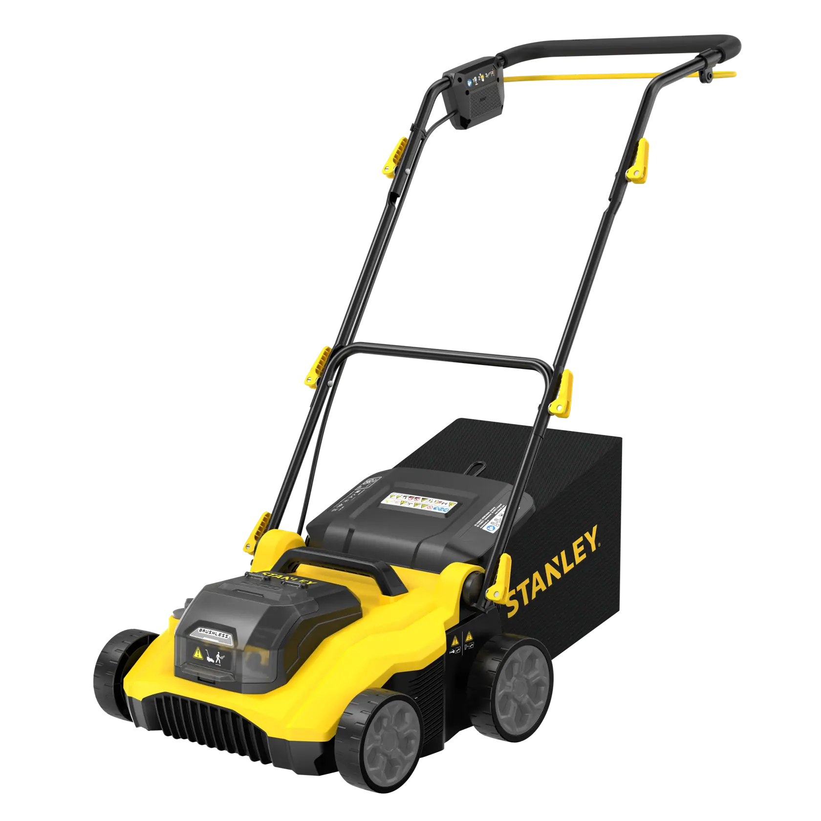 Foto del tosaerba giallo e nero STANLEY SCOEP3801N, vista laterale su sfondo bianco.