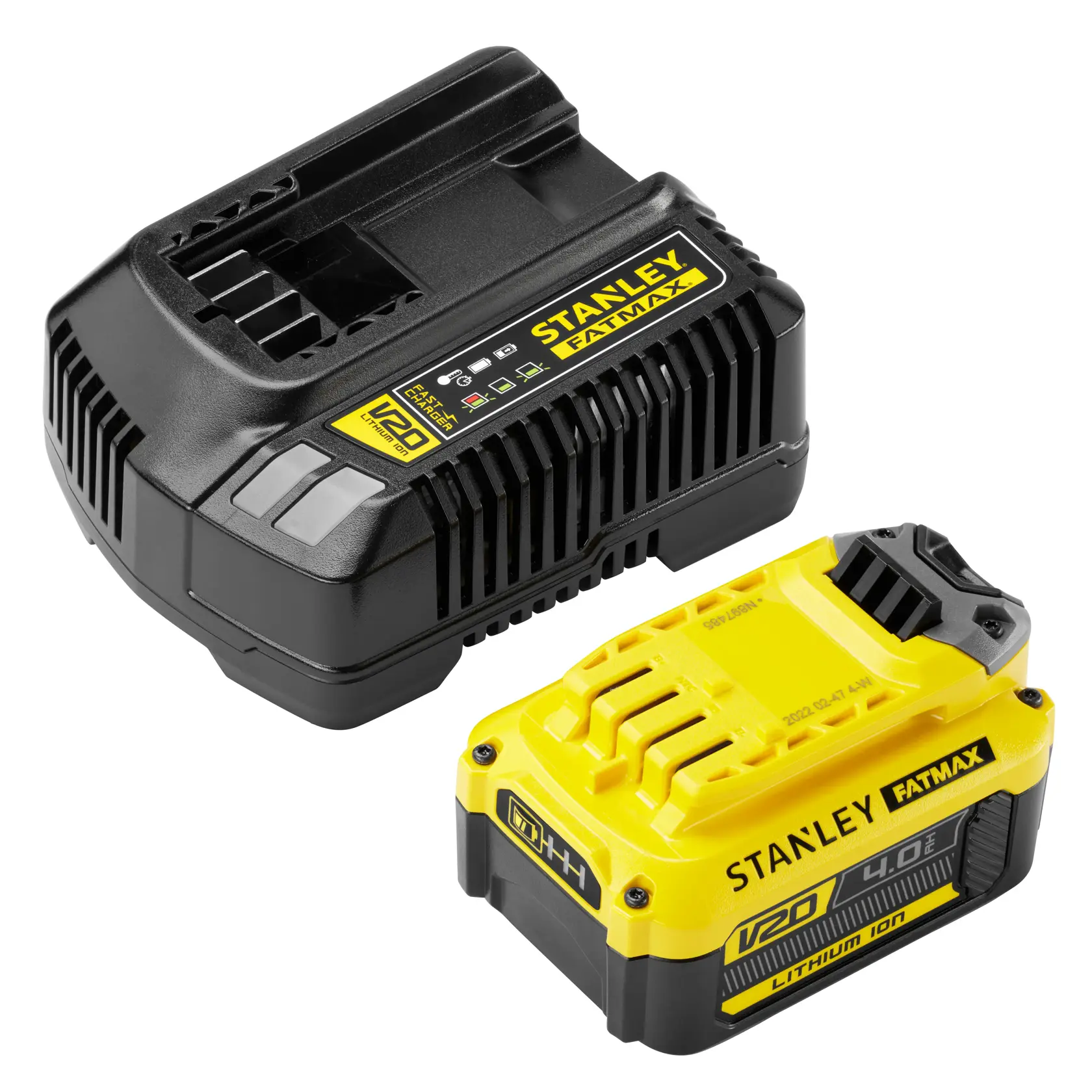 STANLEY SFMCB14M1 set batteria e caricabatteria V20 FatMax, nero e giallo, foto del prodotto angolata su sfondo bianco.