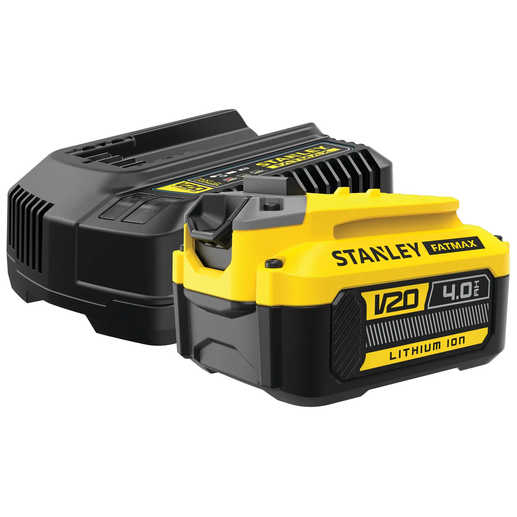STANLEY SFMCB14M1 batteria agli ioni di litio V20 4,0Ah e caricabatteria, fotografia del prodotto, vista angolata.
