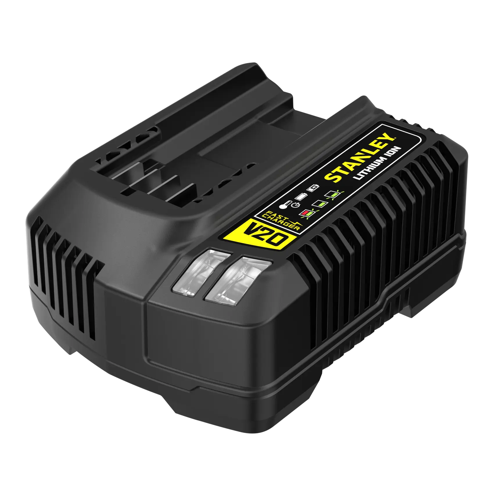 STANLEY SFMCB14 caricabatterie, nero, V20 Lithium-Ion, fotografia angolata su sfondo bianco.
