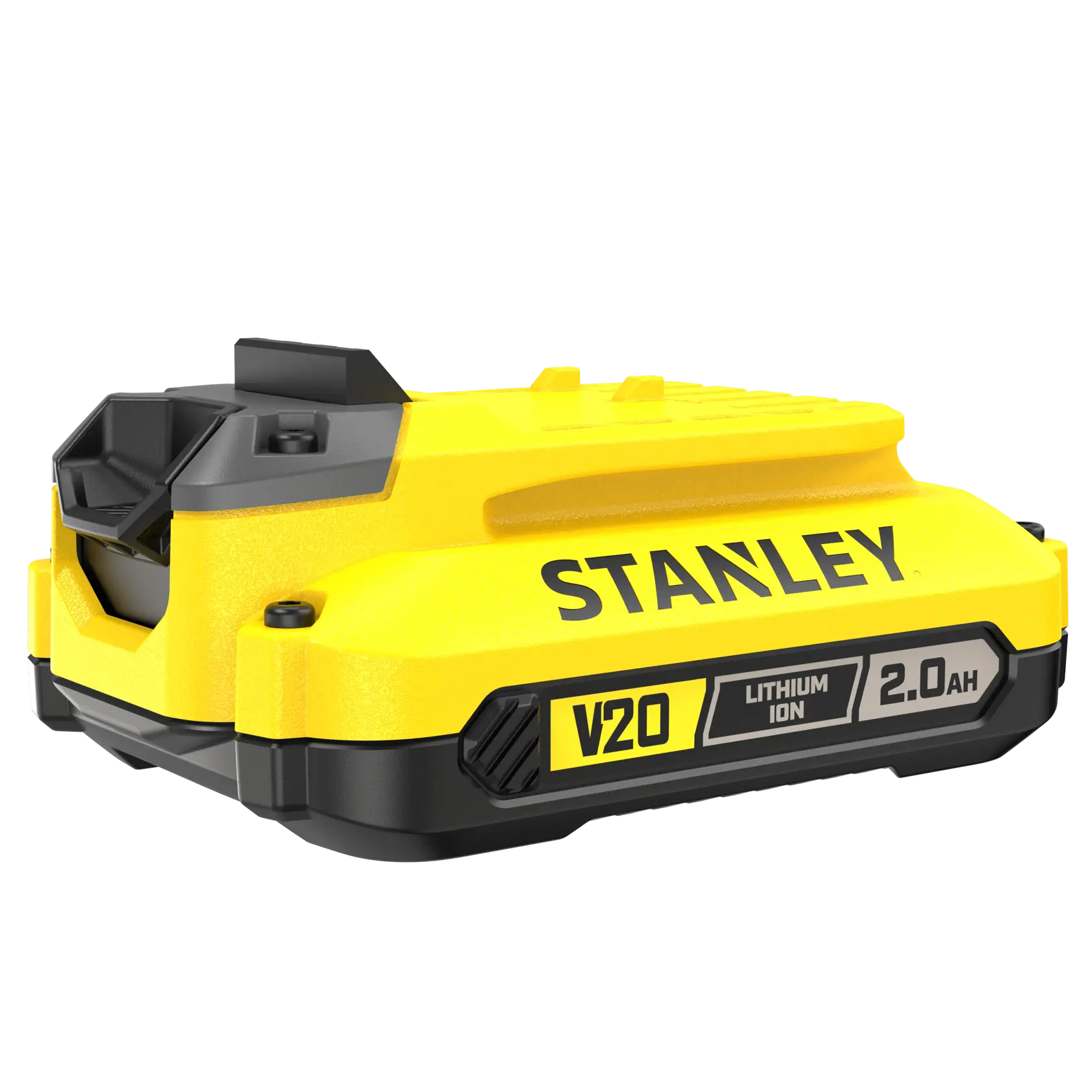 STANLEY SFMCB202 V20 FATMAX batteria agli ioni di litio 2.0Ah, vista laterale, corpo giallo e nero.