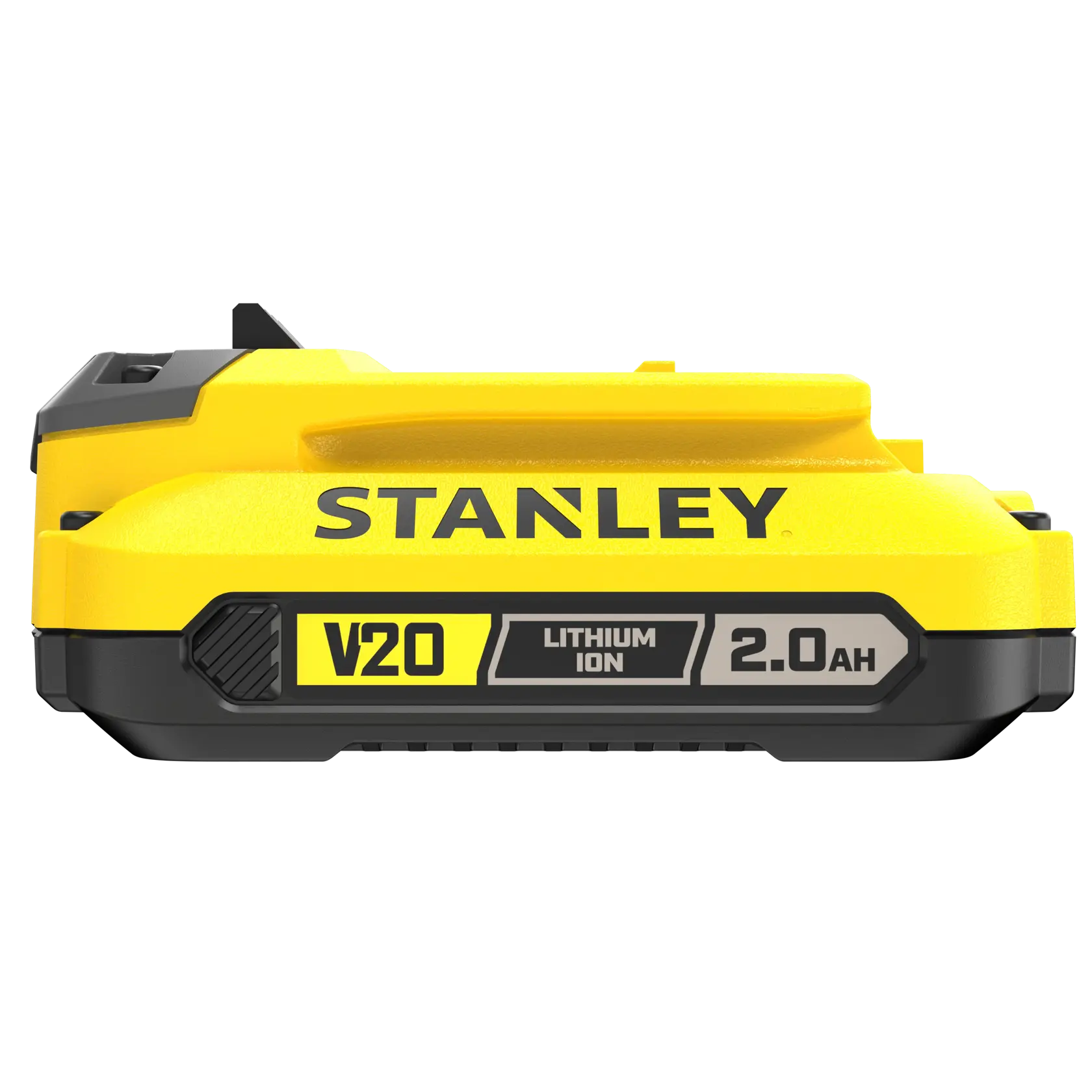 STANLEY SFMCB202 V20 FATMAX batteria agli ioni di litio 2.0Ah vista frontale su sfondo bianco.