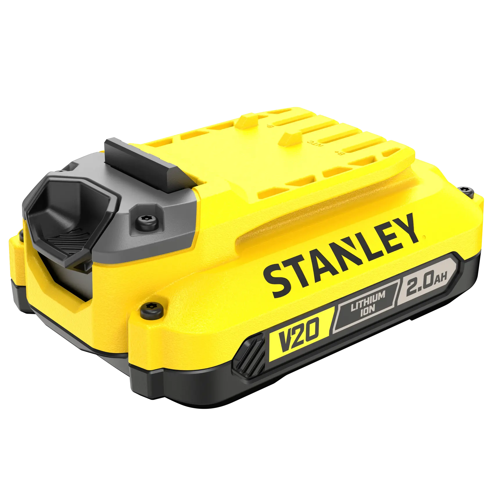 STANLEY SFMCB202 batteria agli ioni di litio V20, gialla e nera, vista angolata laterale.
