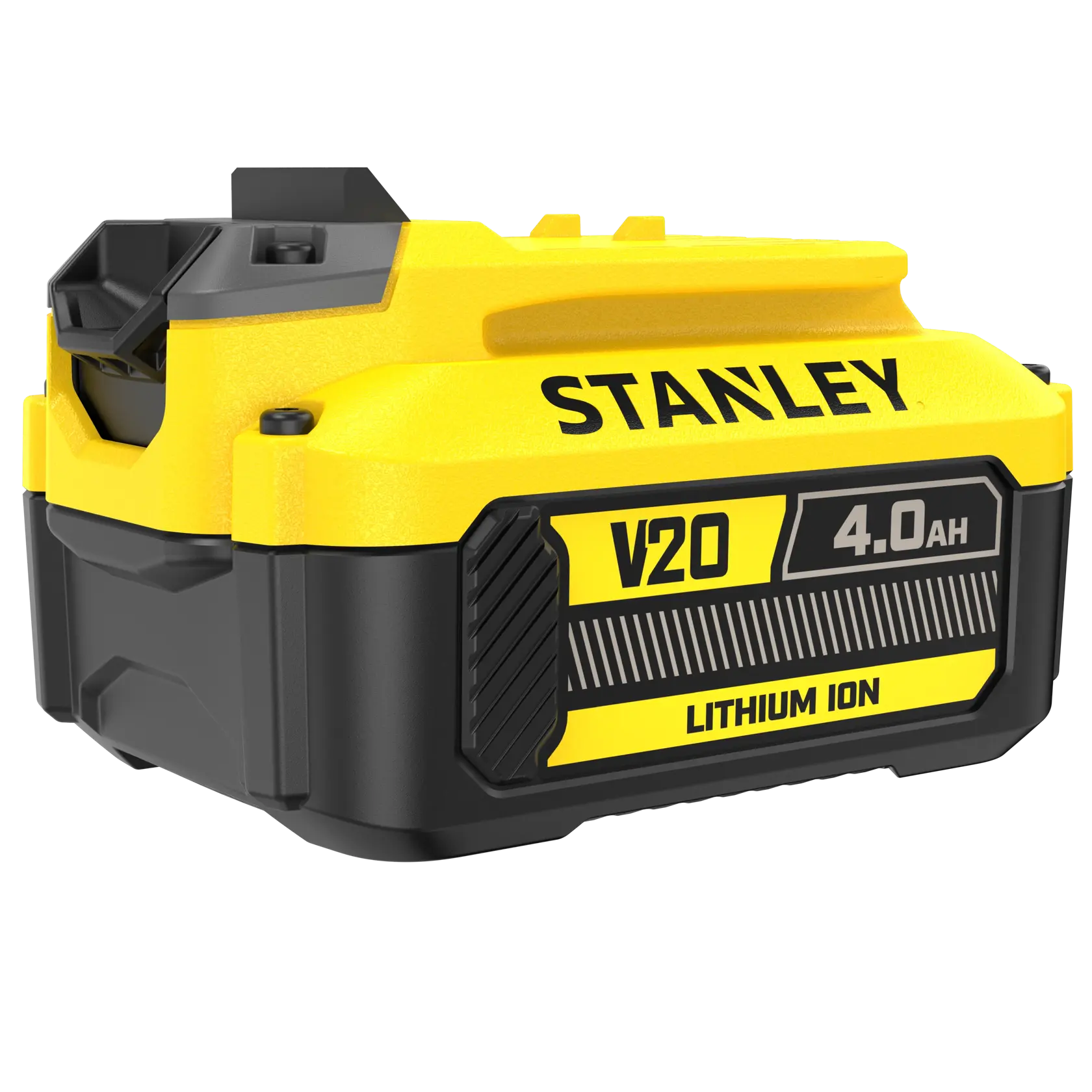 Foto della batteria al litio STANLEY SFMCB204 V20 Fatmax 4.0Ah, vista angolata su sfondo bianco.