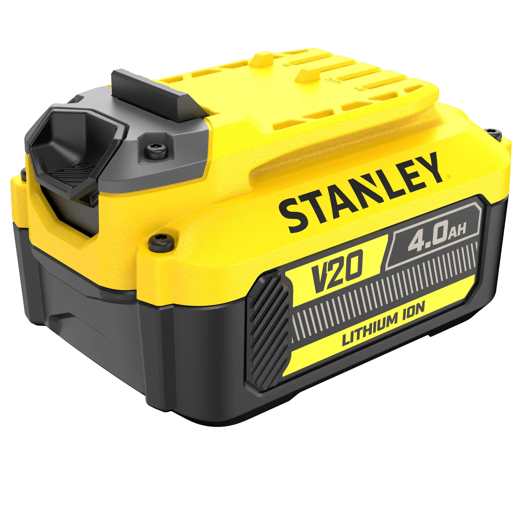 Batteria STANLEY SFMCB204 V20 4,0Ah agli ioni di litio, gialla e nera, vista frontale su sfondo bianco.