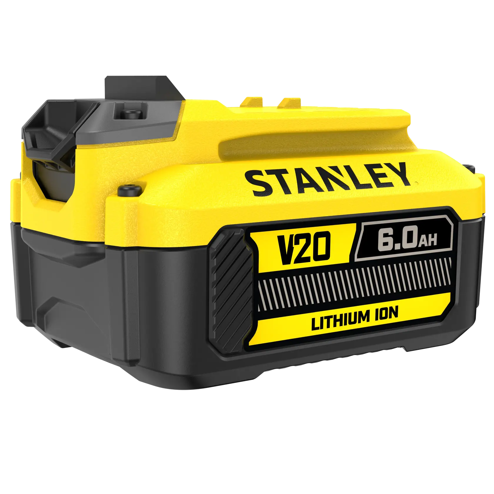 Batteria STANLEY SFMCB206 V20 6.0Ah FATMAX agli ioni di litio vista frontale su sfondo bianco.