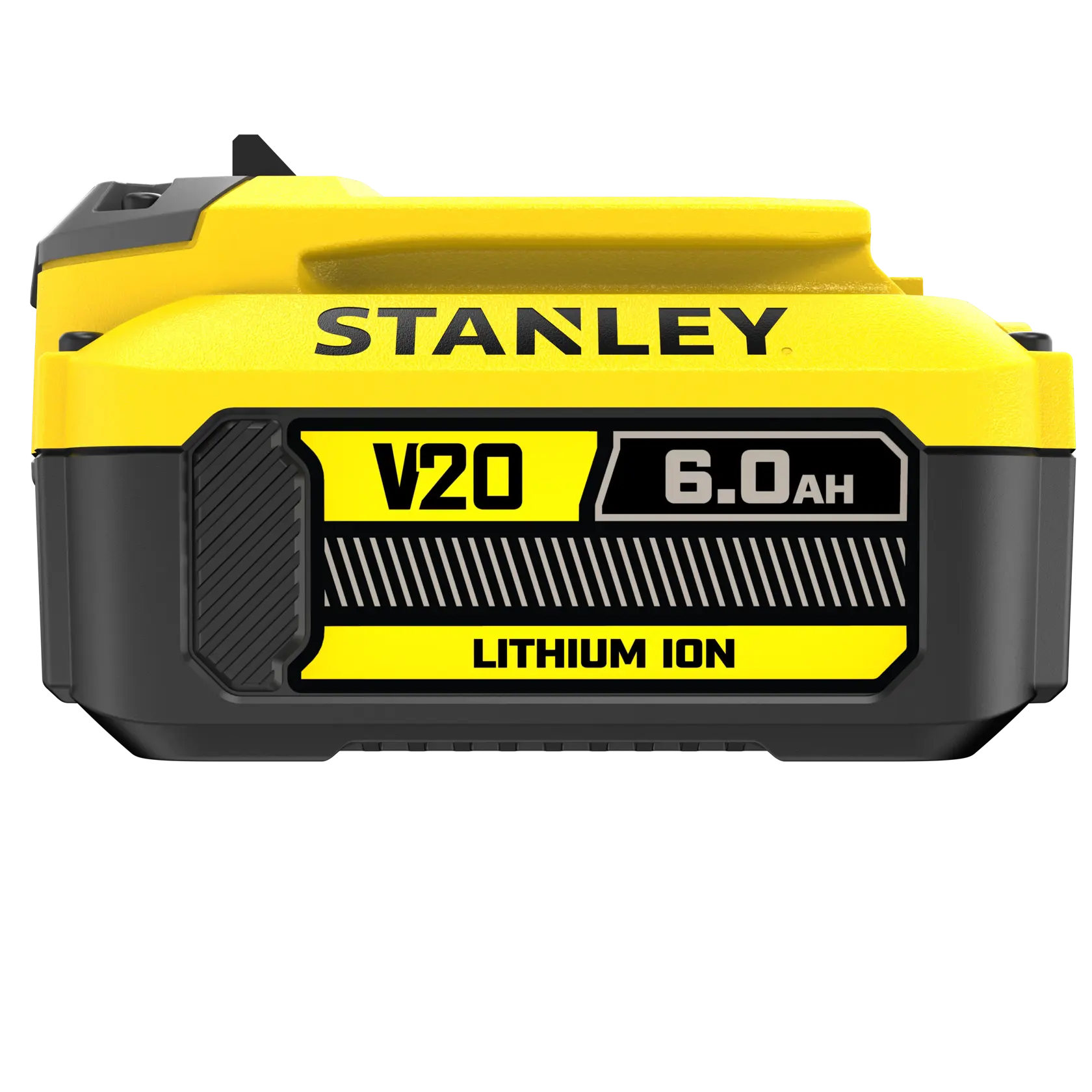 Foto della batteria al litio STANLEY FATMAX SFMCB206 V20 6.0Ah, angolo frontale, rivestimento giallo e nero.