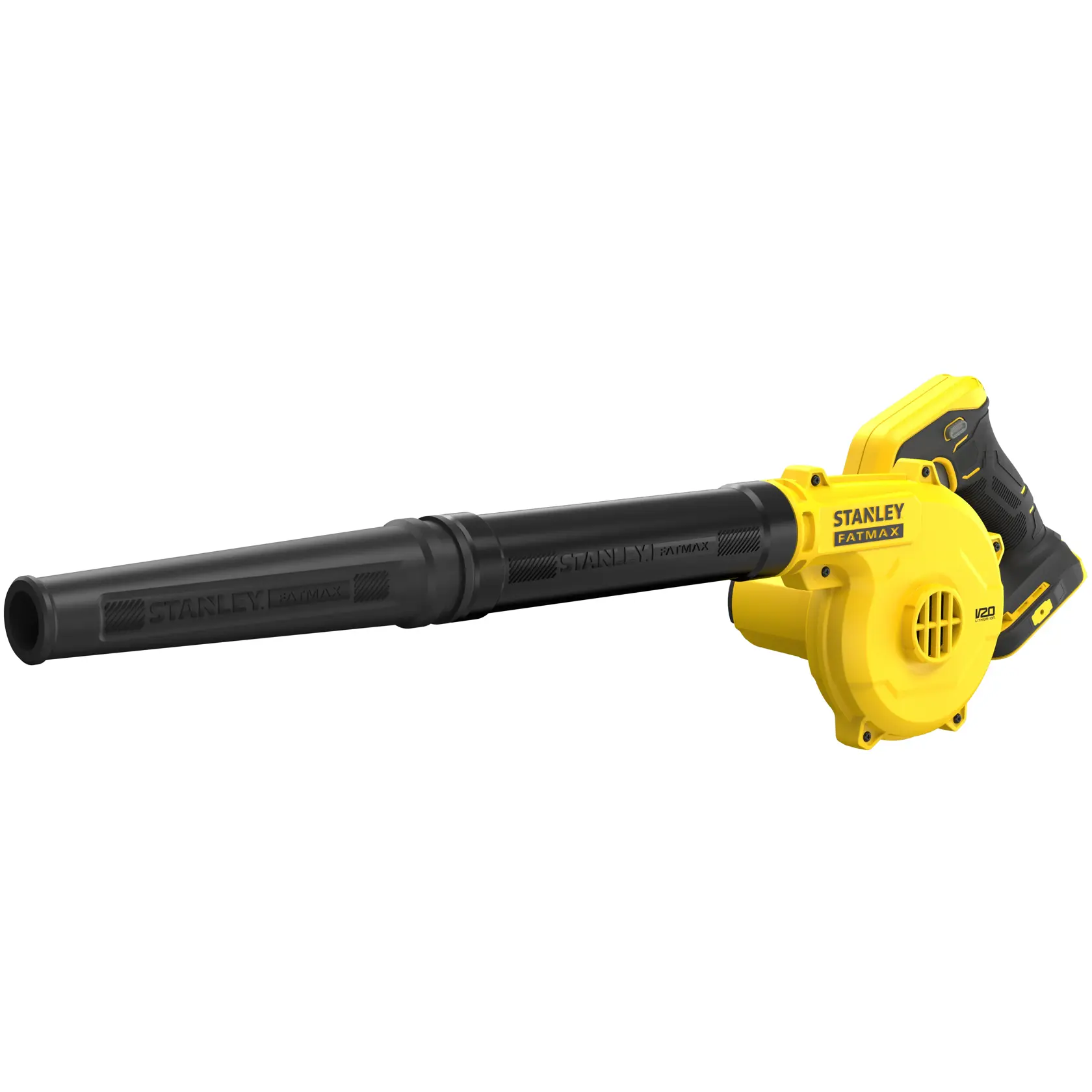 Soffiatore a batteria STANLEY SFMCBL01B, giallo e nero, angolazione laterale su sfondo bianco.