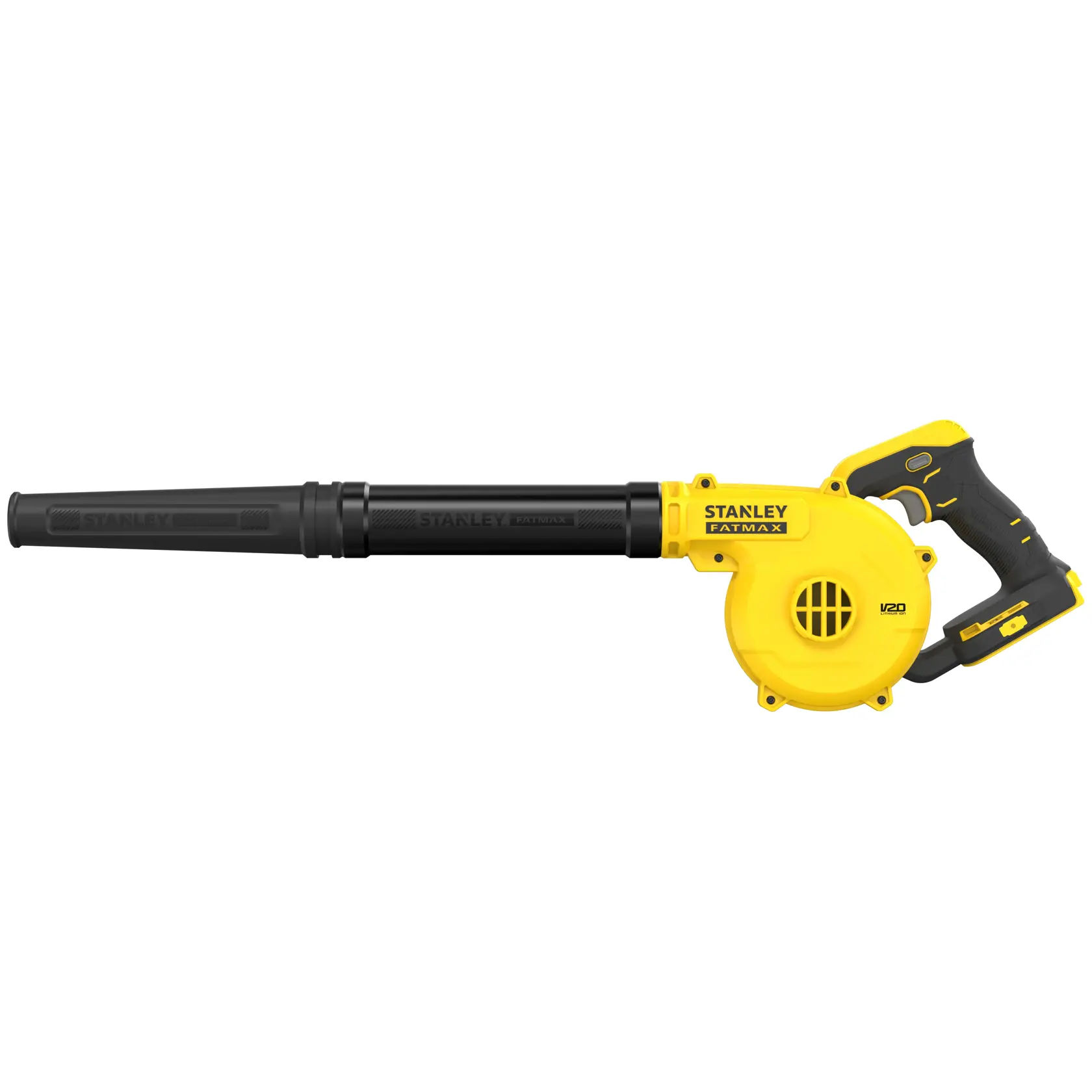 Foto del soffiatore cordless giallo e nero STANLEY SFMCBL01B, vista laterale su sfondo bianco.