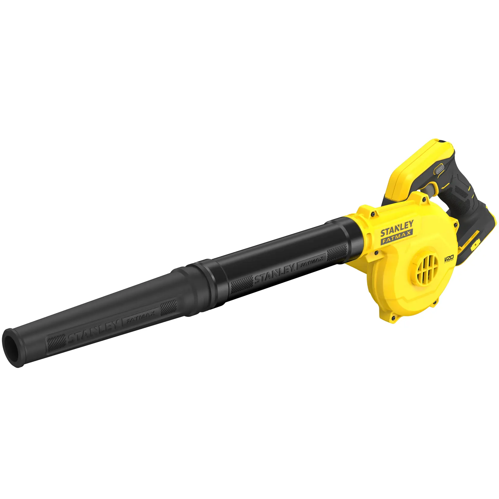 Foto del soffiatore giallo e nero a batteria STANLEY SFMCBL01B, vista laterale su sfondo bianco.