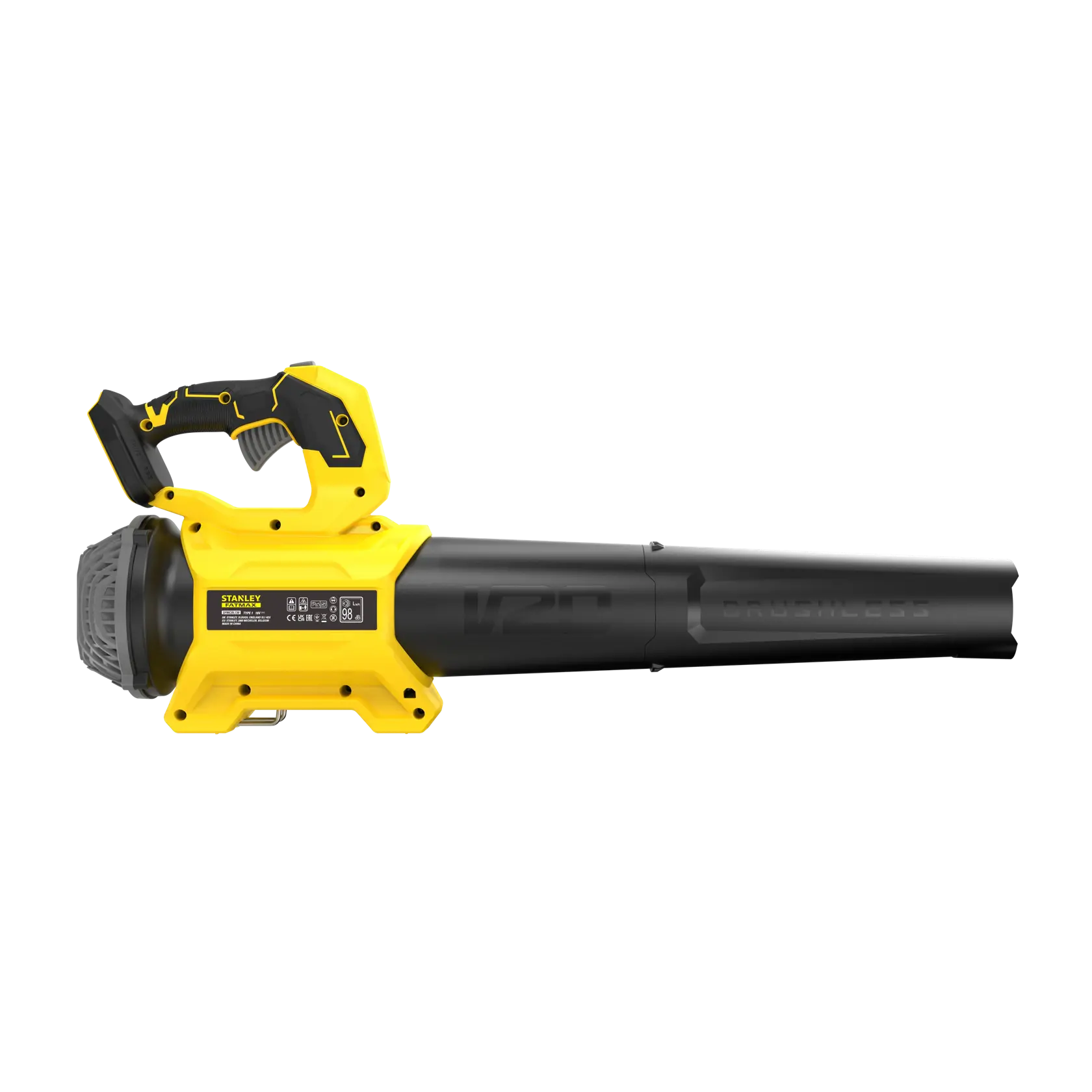 Foto del soffiatore per foglie cordless STANLEY SFMCBL730B, giallo e nero, vista laterale, sfondo bianco.