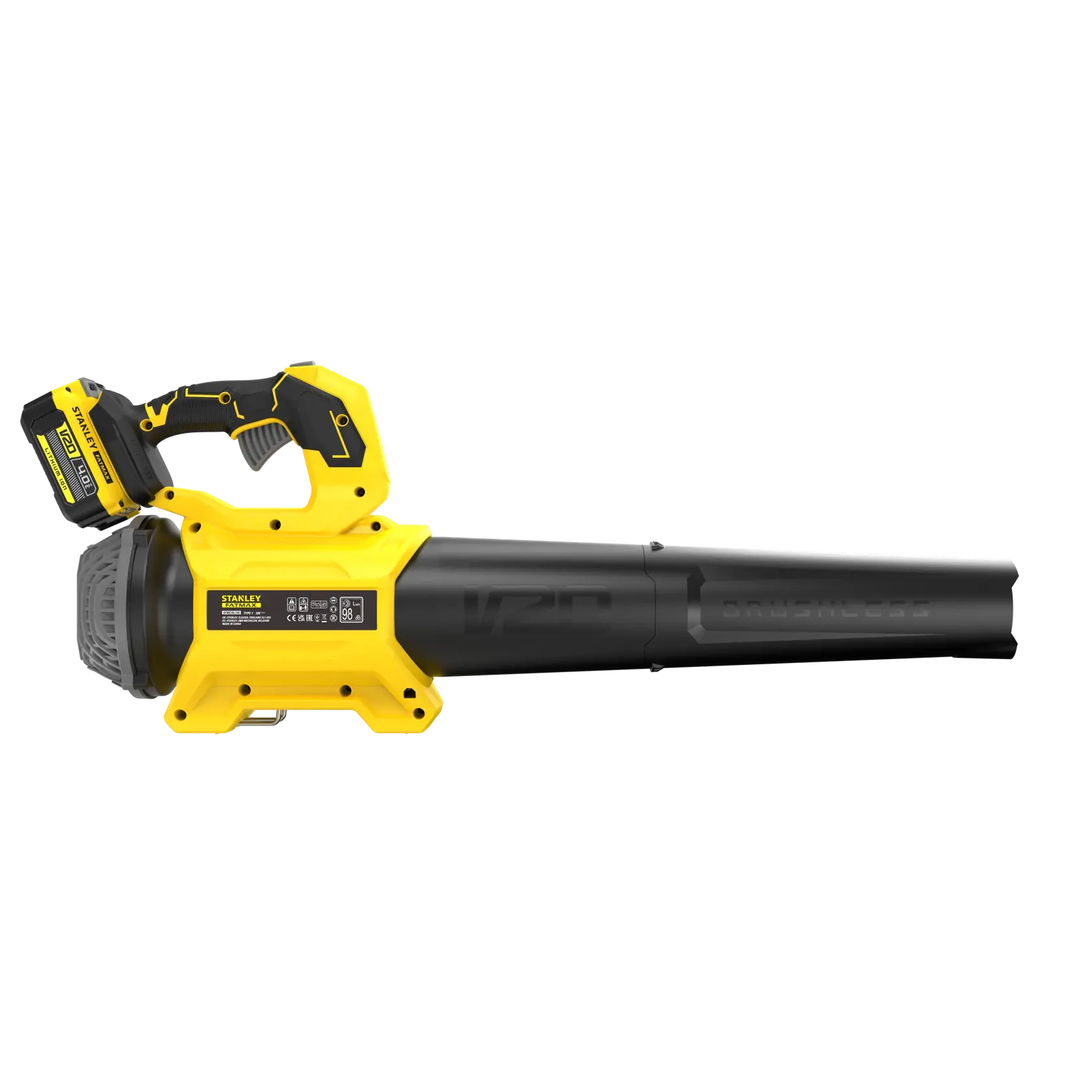 STANLEY SFMCBL730M1 soffiatore senza fili, vista laterale, design giallo e nero, fotografia su sfondo bianco.