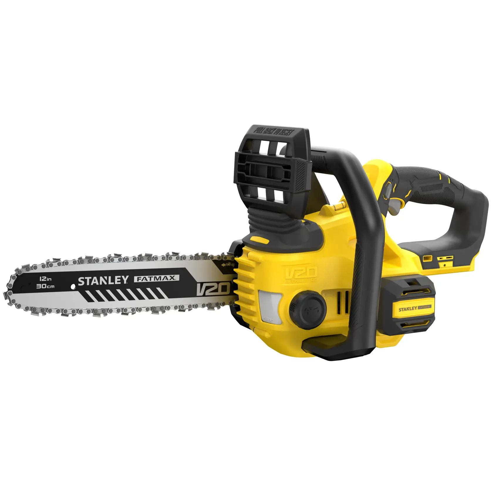 STANLEY SFMCCS630B motosega a batteria gialla e nera, barra da 30 cm, vista laterale del prodotto su sfondo bianco.