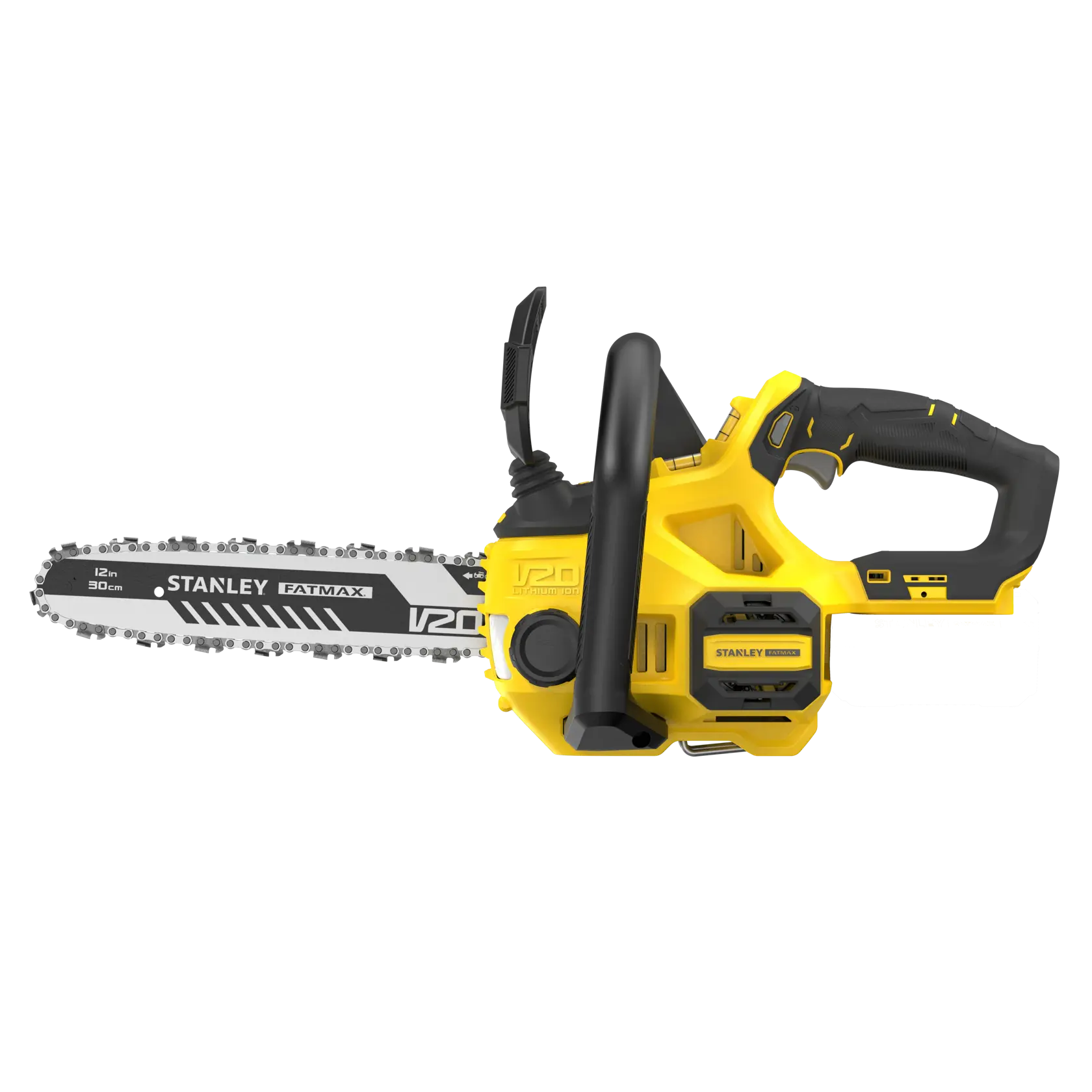 STANLEY SFMCCS630B motosega senza fili, gialla e nera, vista laterale su sfondo bianco.