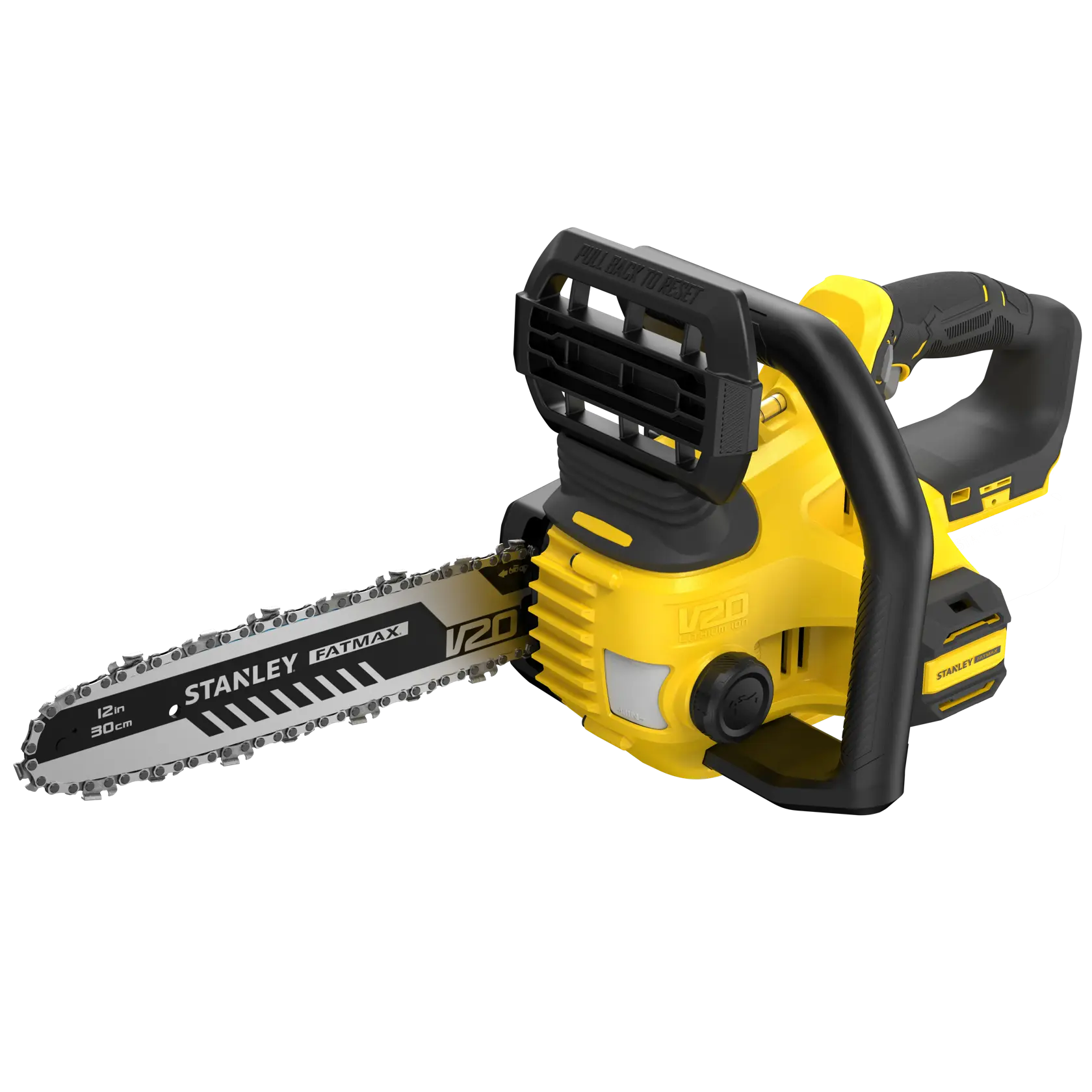 Stanley SFMCCS630B motosega senza fili gialla e nera, vista laterale su sfondo bianco.