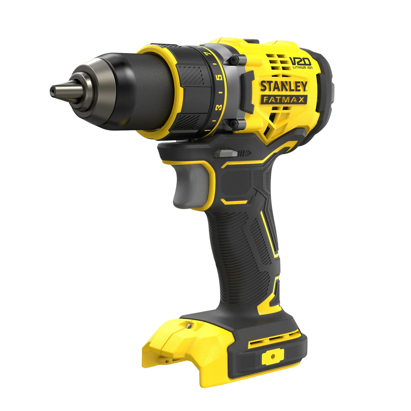 Trapano a batteria STANLEY SFMCD720B, giallo e nero, vista laterale destra su sfondo bianco.