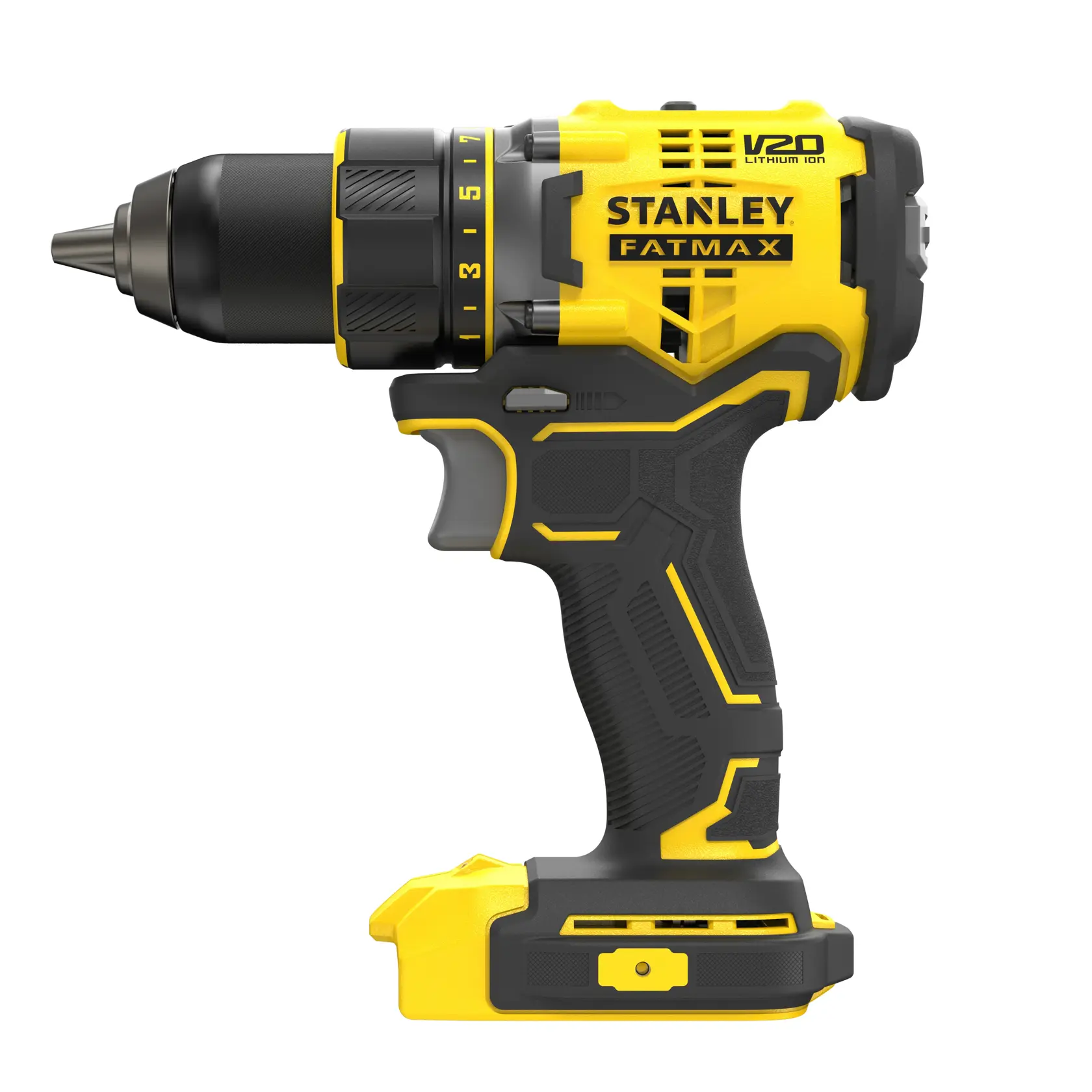 Trapano a batteria STANLEY SFMCD720B giallo e nero, vista laterale su sfondo bianco.