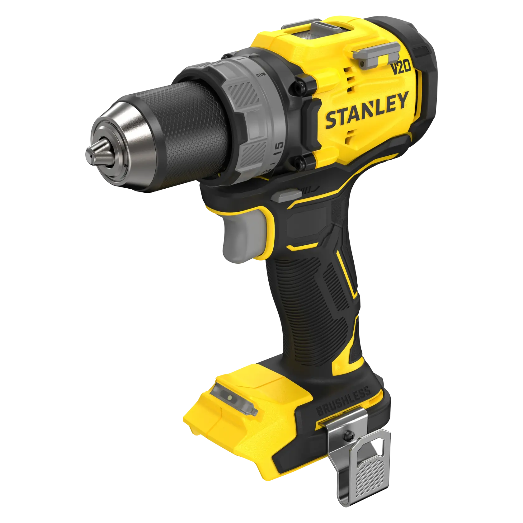 Foto del trapano avvitatore a batteria STANLEY SFMCD725B, giallo e nero, vista laterale, senza batteria.