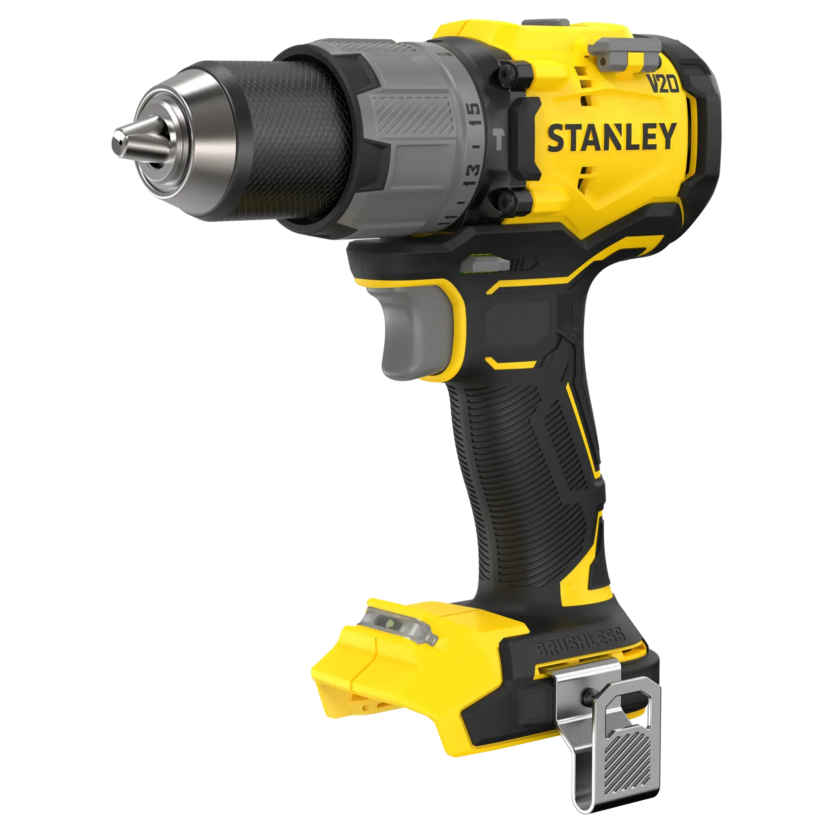 Trapano brushless a batteria STANLEY SFMCD726B, giallo e nero, vista laterale su sfondo bianco.
