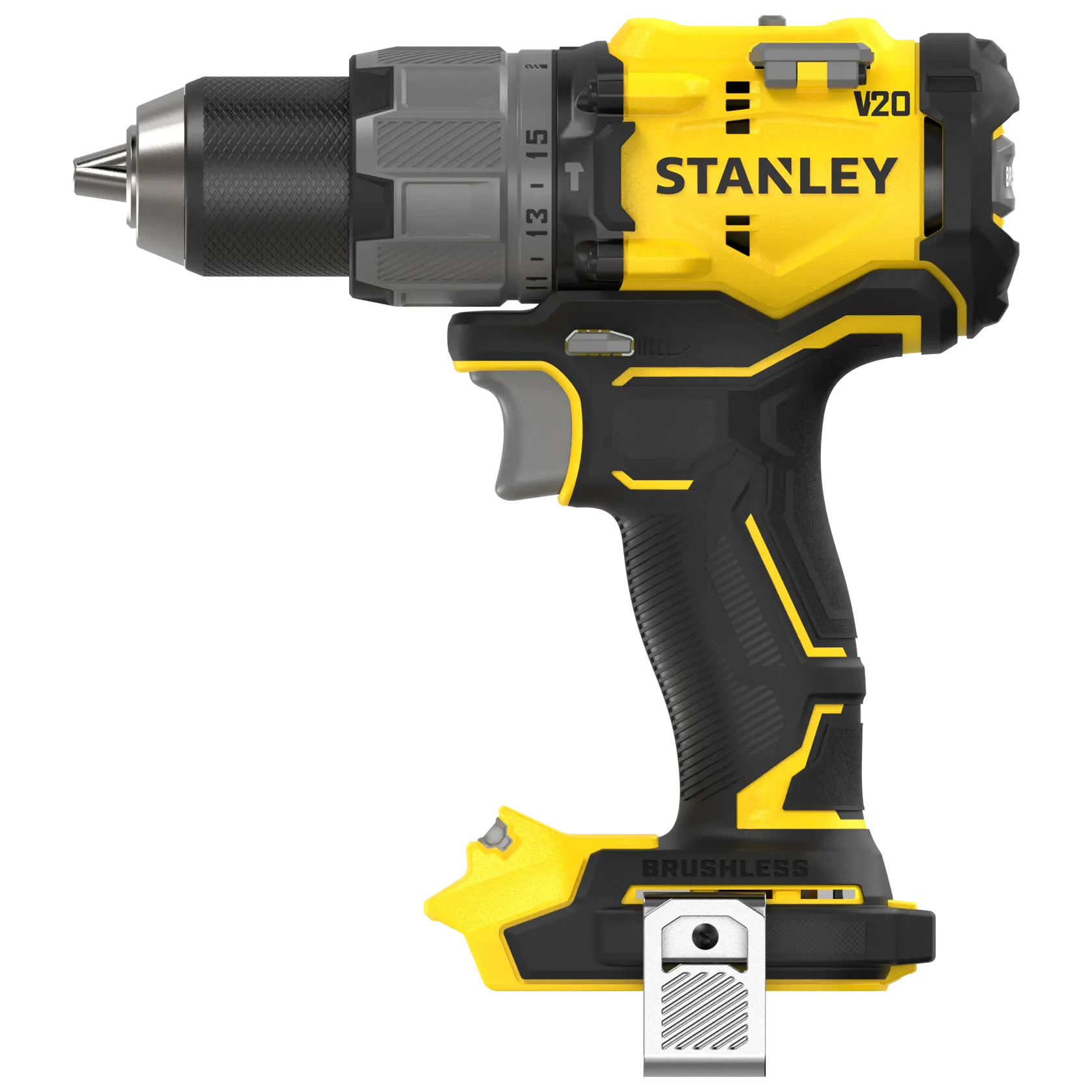 Trapano avvitatore a batteria STANLEY SFMCD726B, giallo e nero, vista laterale su sfondo bianco, design compatto.