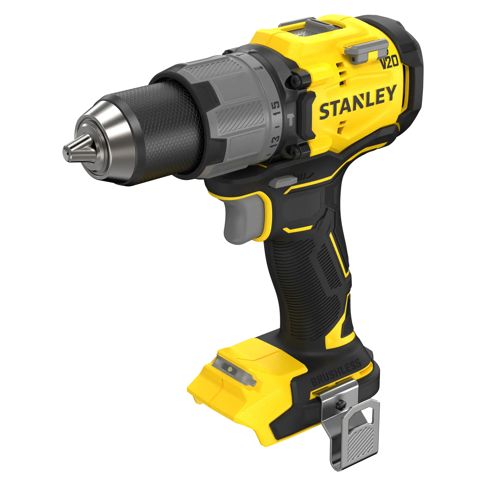 Trapano a batteria STANLEY SFMCD726B con motore brushless, giallo e nero, vista frontale angolata su sfondo bianco.