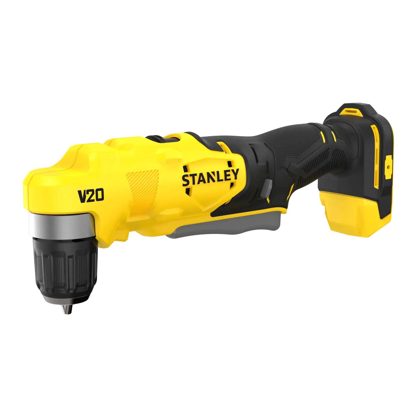 STANLEY SFMCD750B trapano angolare cordless, giallo e nero, vista laterale, V20 Lithium Ion.
