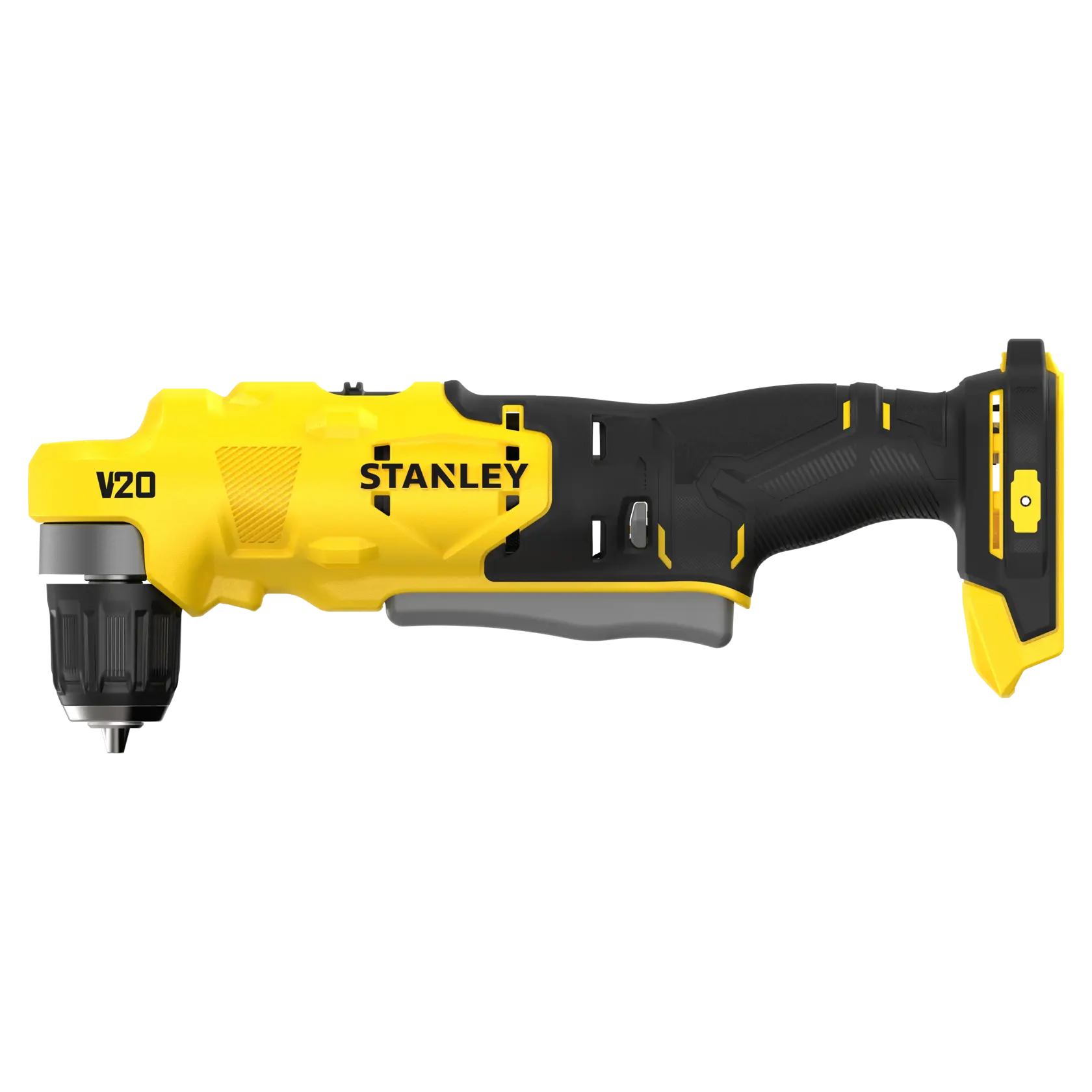 Foto del trapano cordless STANLEY SFMCD750B V20 FATMAX, giallo e nero, vista laterale su sfondo bianco.
