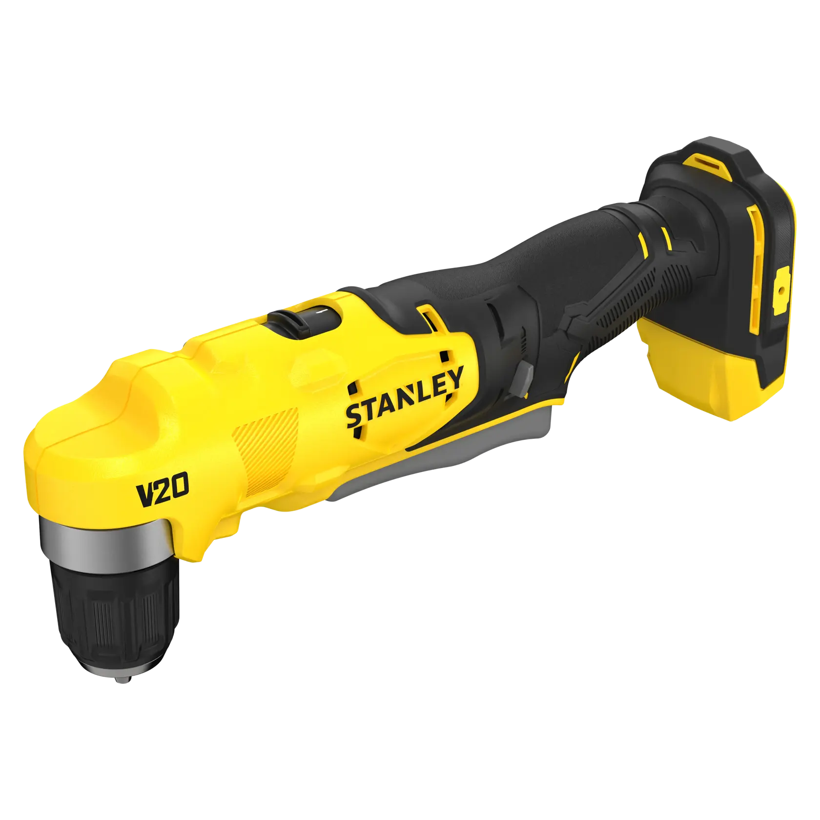 STANLEY SFMCD750B trapano angolare a batteria, giallo e nero, vista laterale su sfondo bianco.