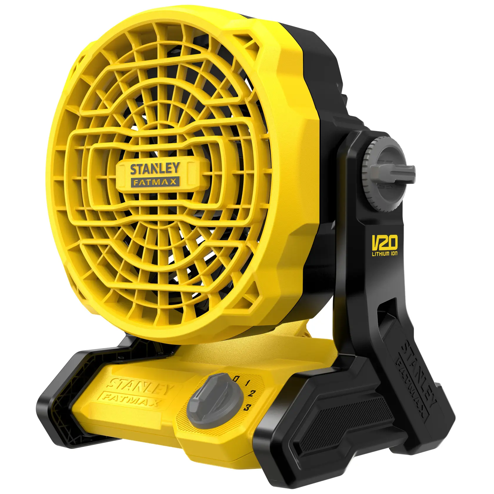 STANLEY SFMCE001B ventilatore portatile senza fili V20 agli ioni di litio giallo e nero, angolo frontale su sfondo bianco.