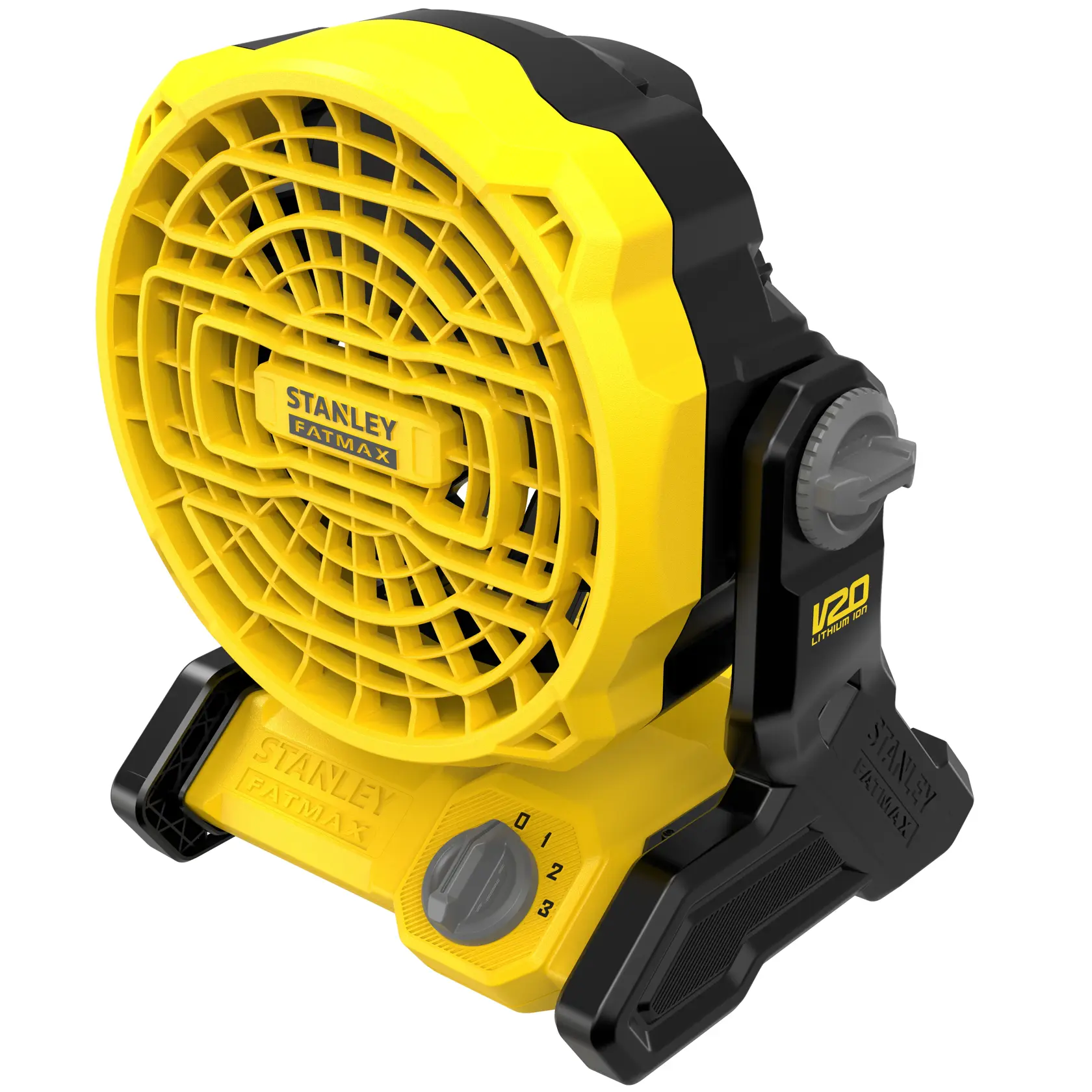 Ventilatore portatile giallo e nero STANLEY SFMCE001B a batteria, vista frontale su sfondo bianco.