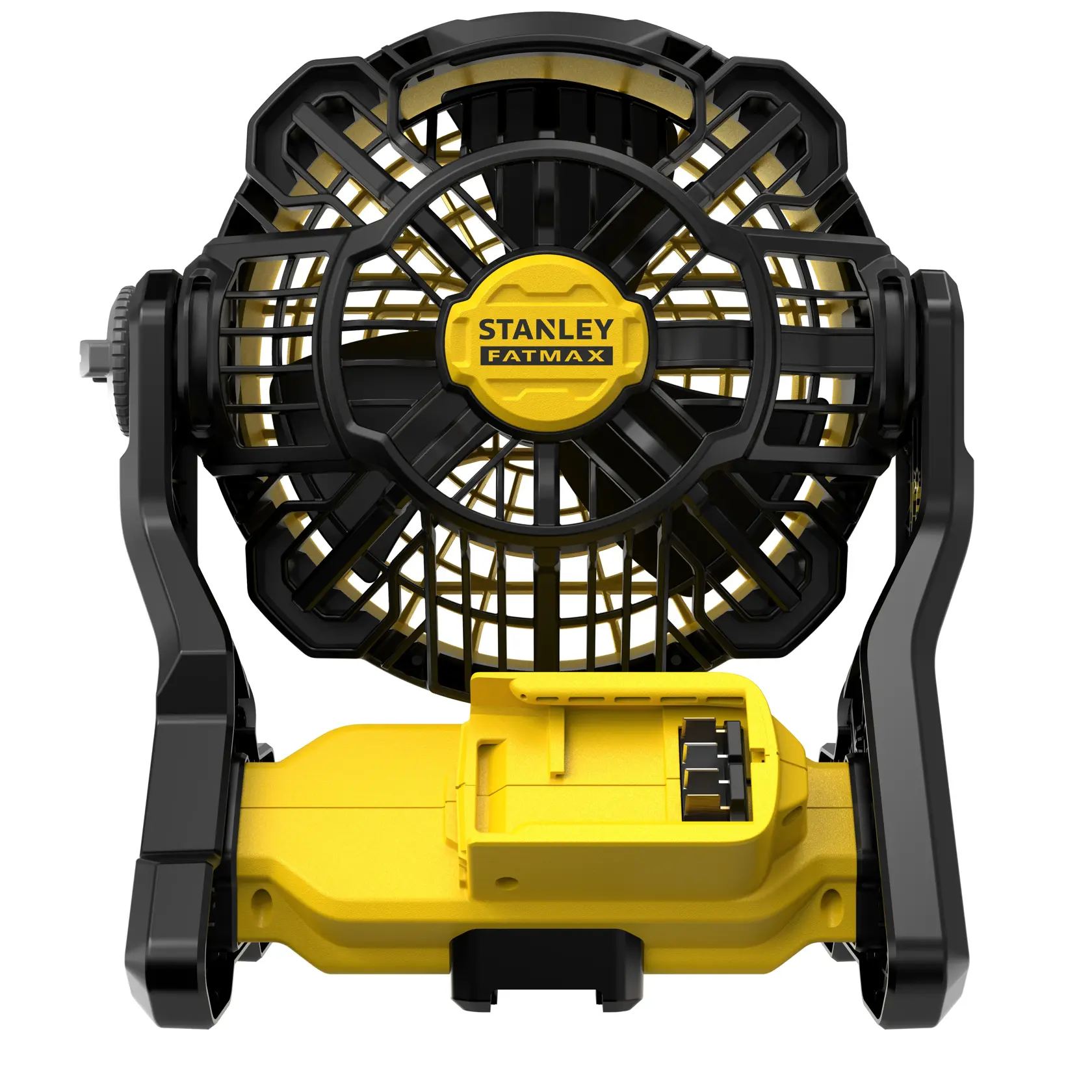 Ventilatore da cantiere senza fili STANLEY SFMCE001B giallo e nero, vista frontale su sfondo bianco.