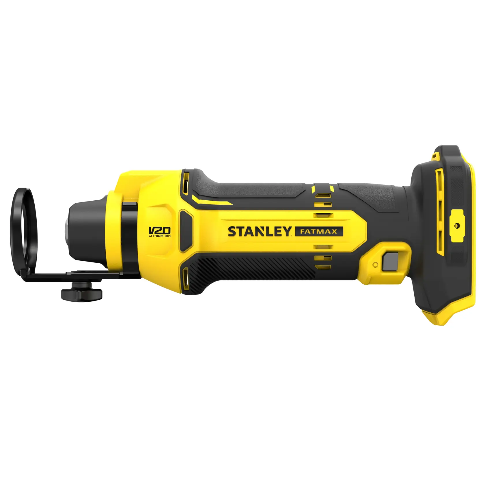 STANLEY SFMCE200B utensile rotante giallo e nero, vista laterale su sfondo bianco.