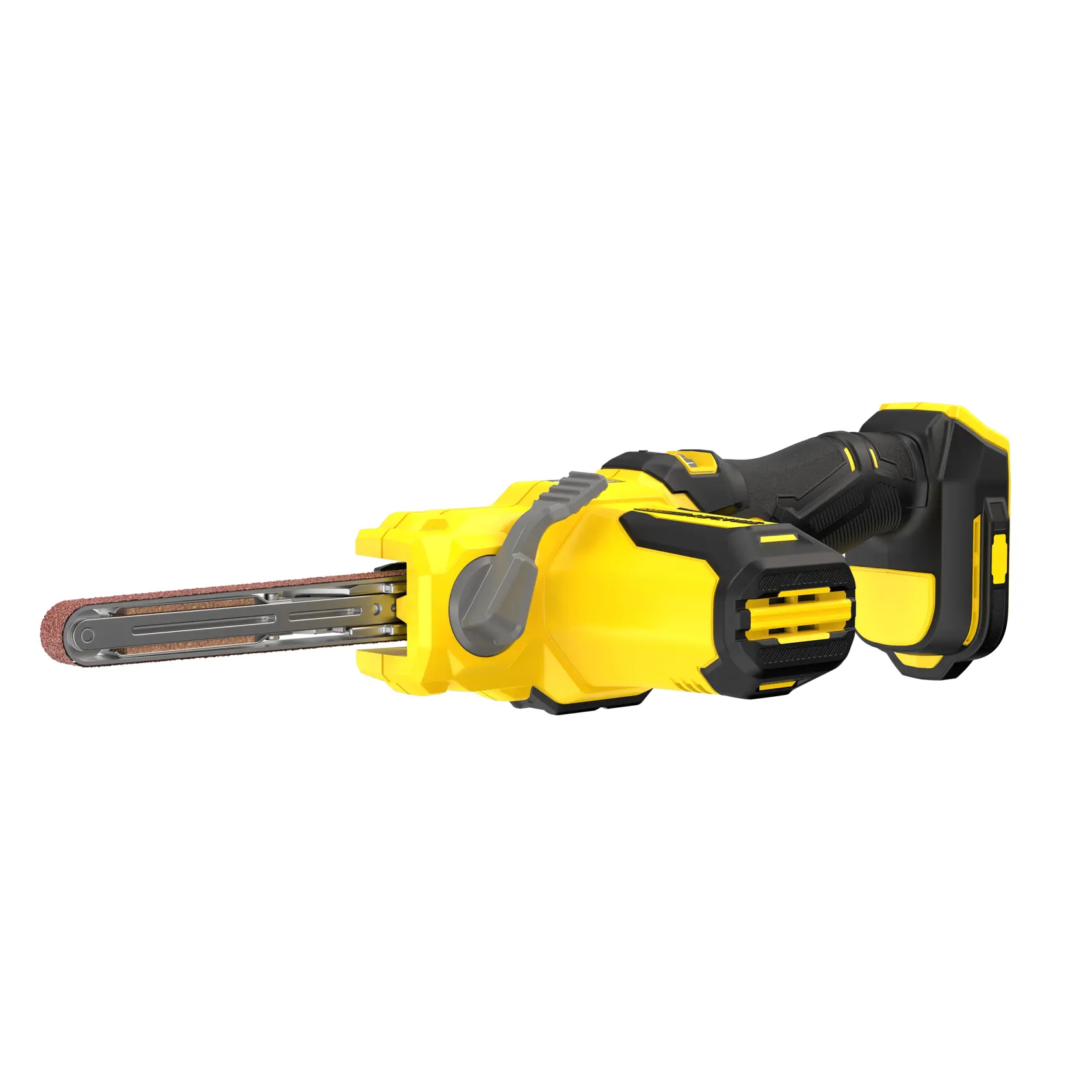 STANLEY SFMCE210B levigatrice a nastro senza fili, gialla e nera, vista laterale su sfondo bianco.