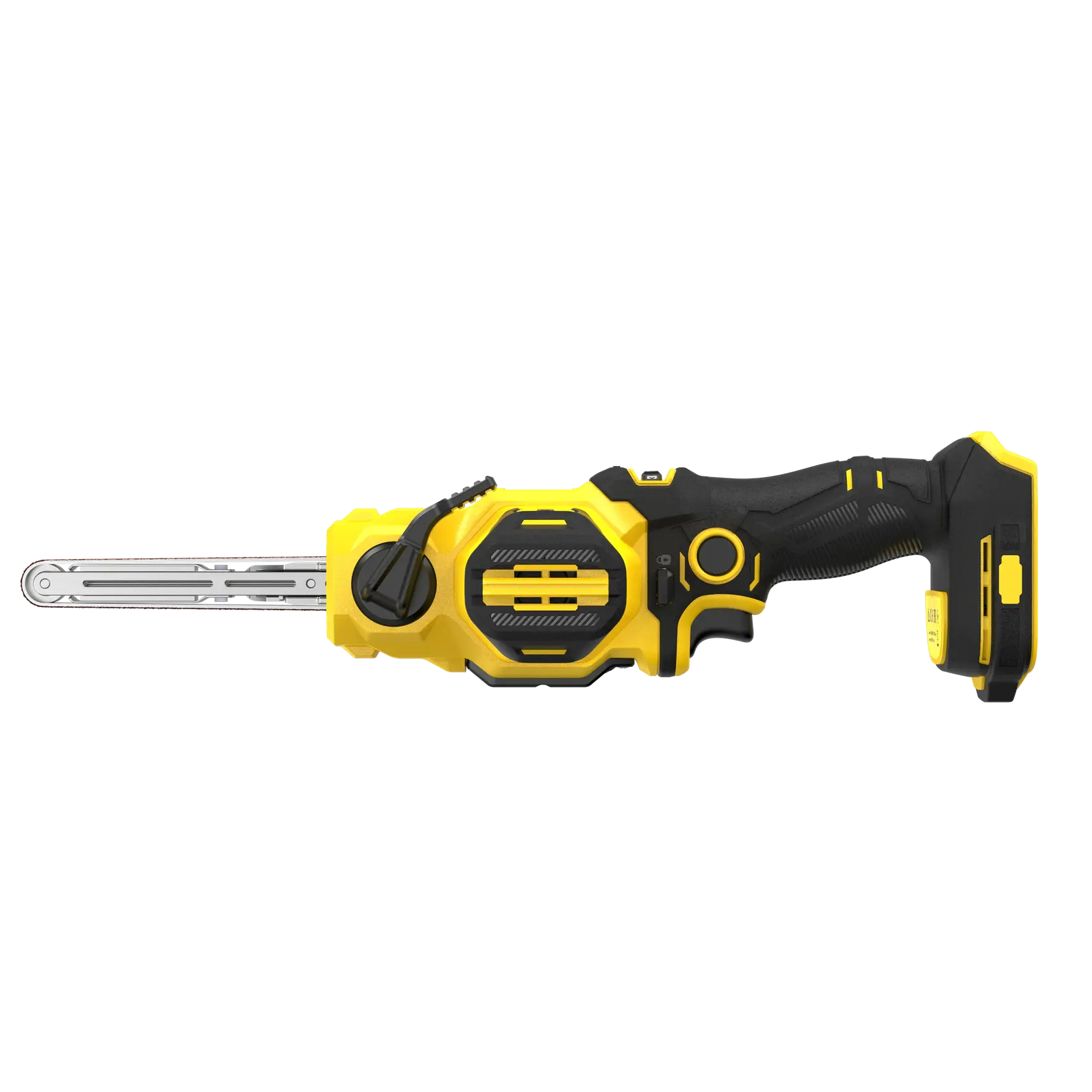 STANLEY SFMCE210B levigatrice a nastro cordless, gialla e nera, angolo laterale, sfondo bianco.