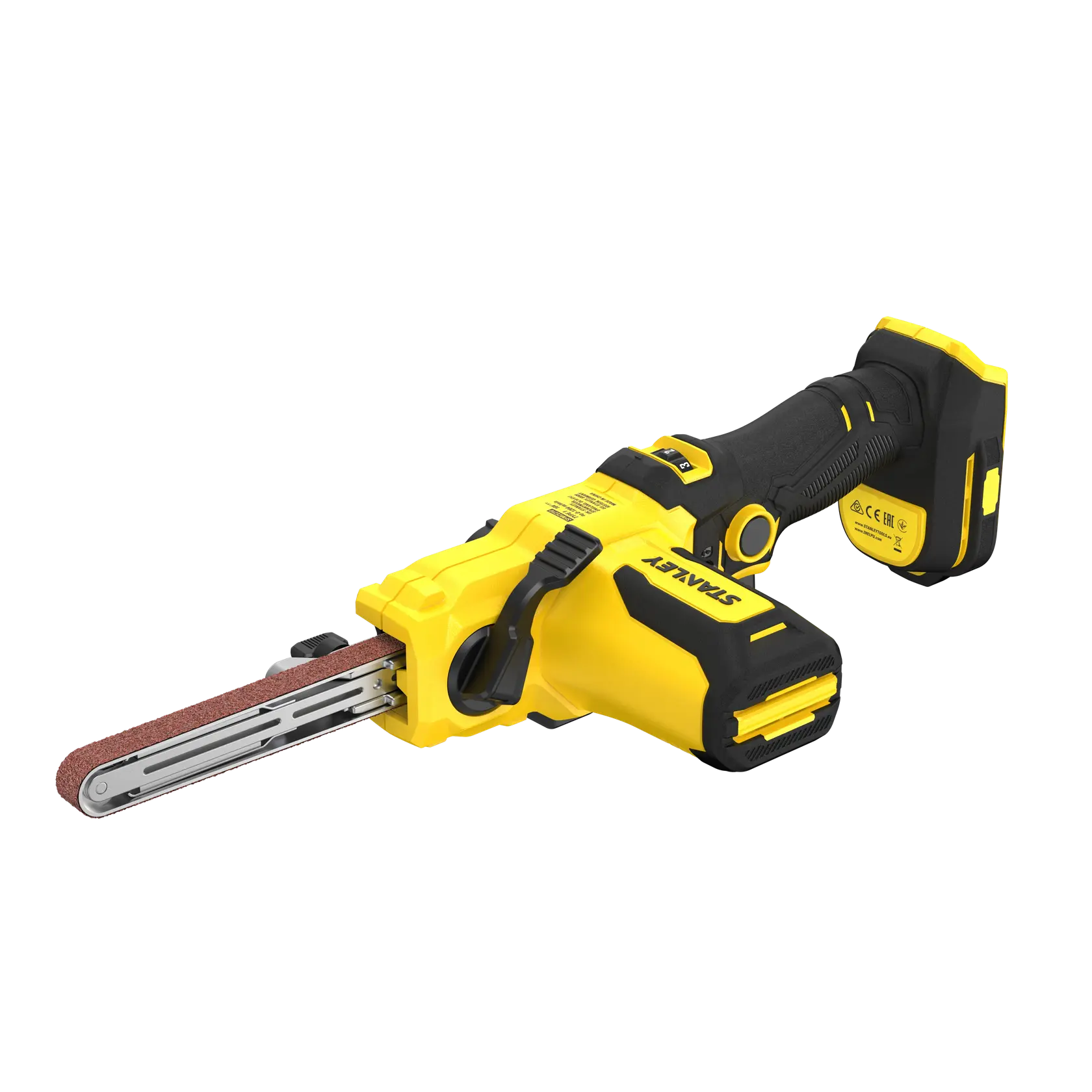 STANLEY SFMCE210B levigatrice a nastro senza fili, gialla e nera, vista laterale su sfondo bianco.