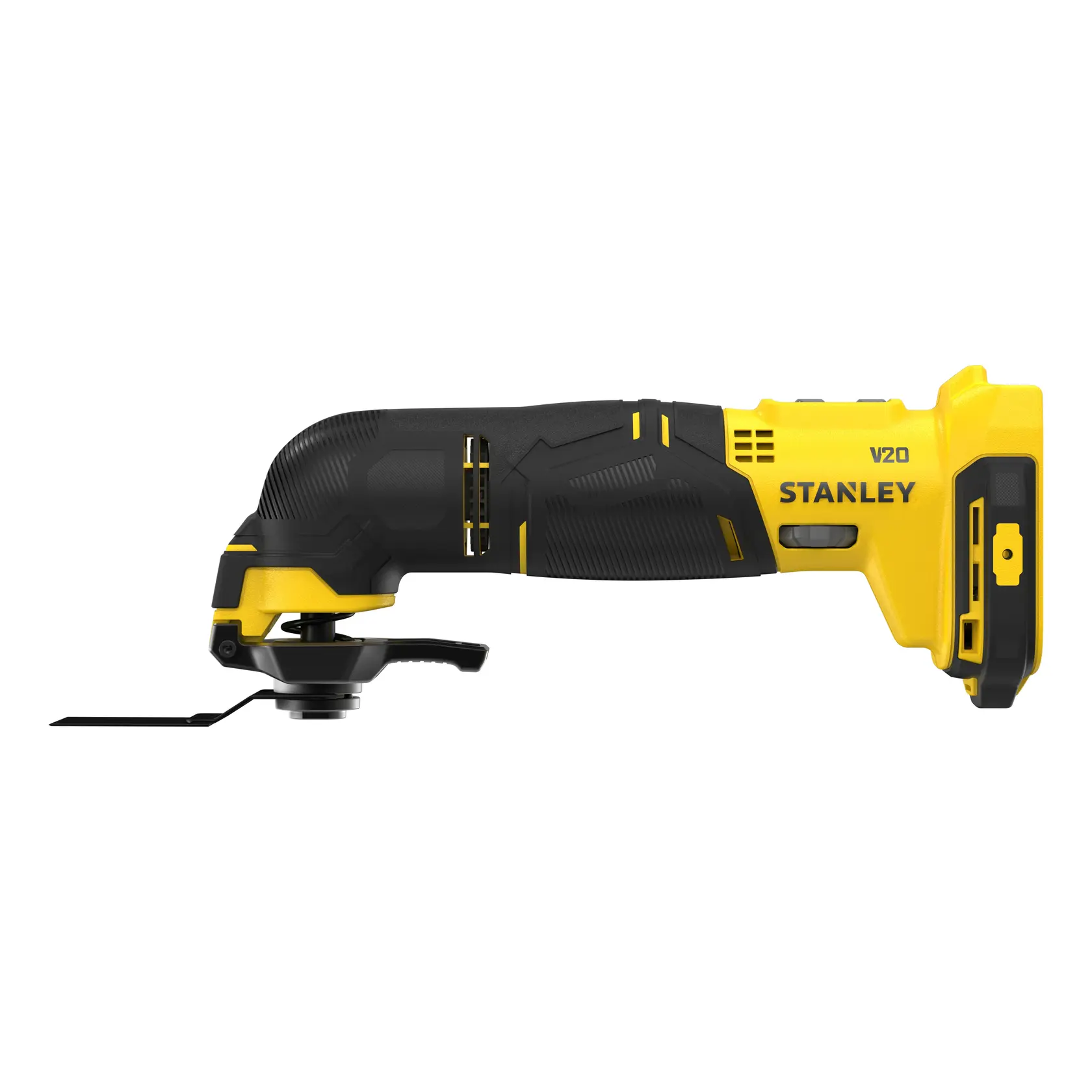 Foto dell’utensile multifunzione oscillante a batteria STANLEY SFMCE500B, nero e giallo, angolazione destra su sfondo bianco.