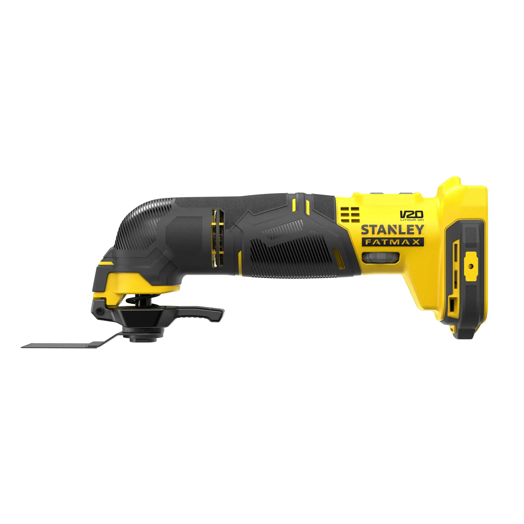 Foto dell’utensile multifunzione oscillante STANLEY SFMCE500B giallo e nero, vista laterale, su sfondo bianco.