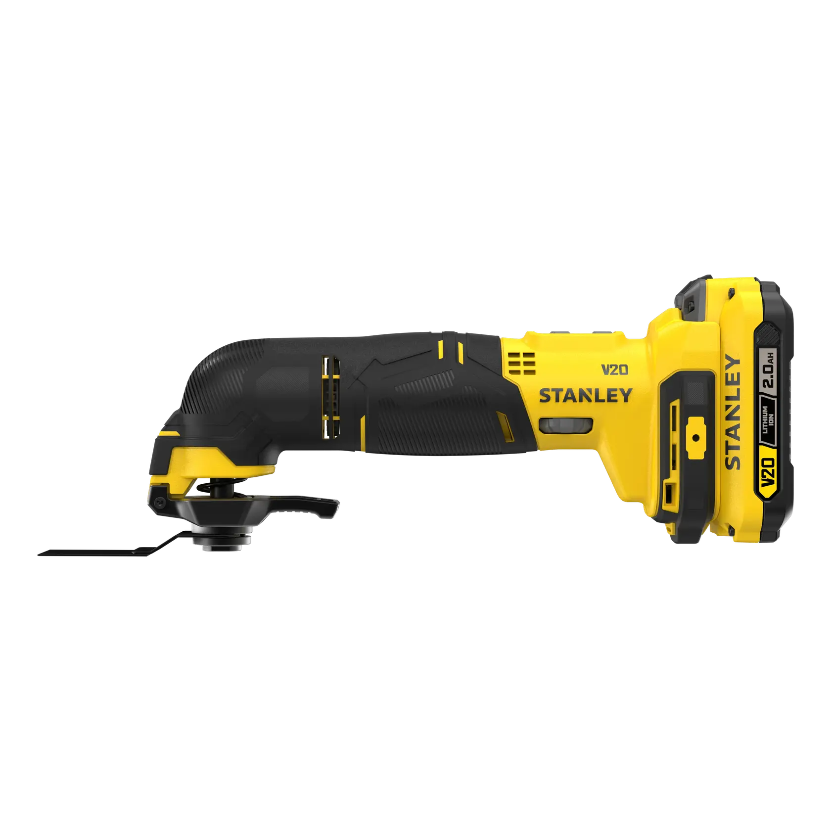 STANLEY SFMCE500D2K utensile multifunzione oscillante senza fili, giallo e nero, vista laterale, sfondo bianco.
