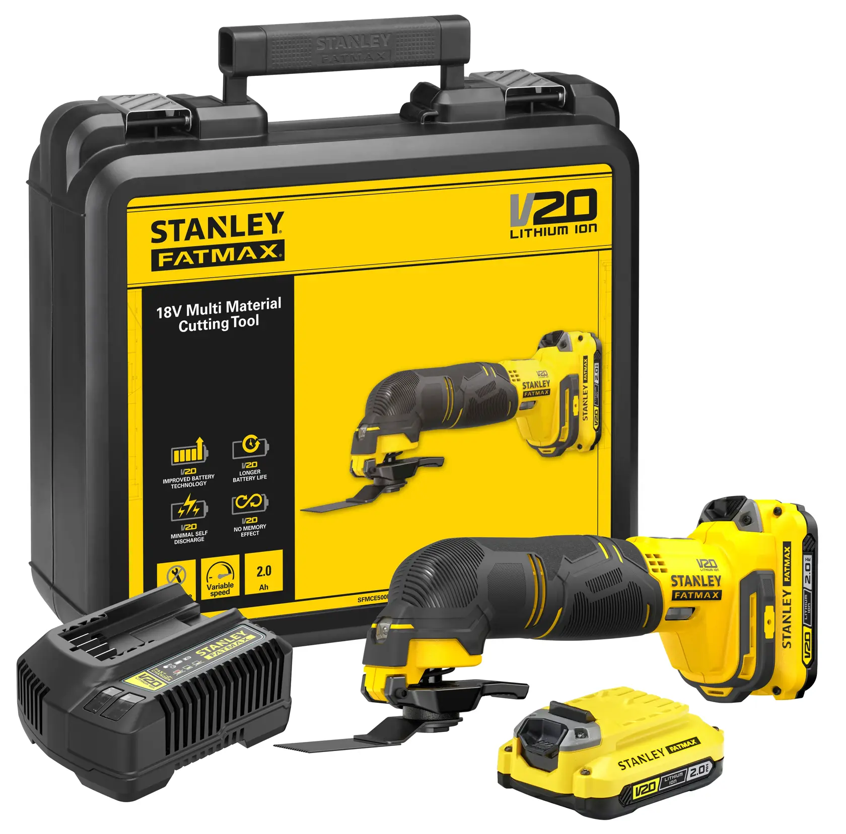 STANLEY SFMCE500D2K V20 18V utensile per taglio multi-materiale con valigetta, batteria e caricabatterie, vista frontale.