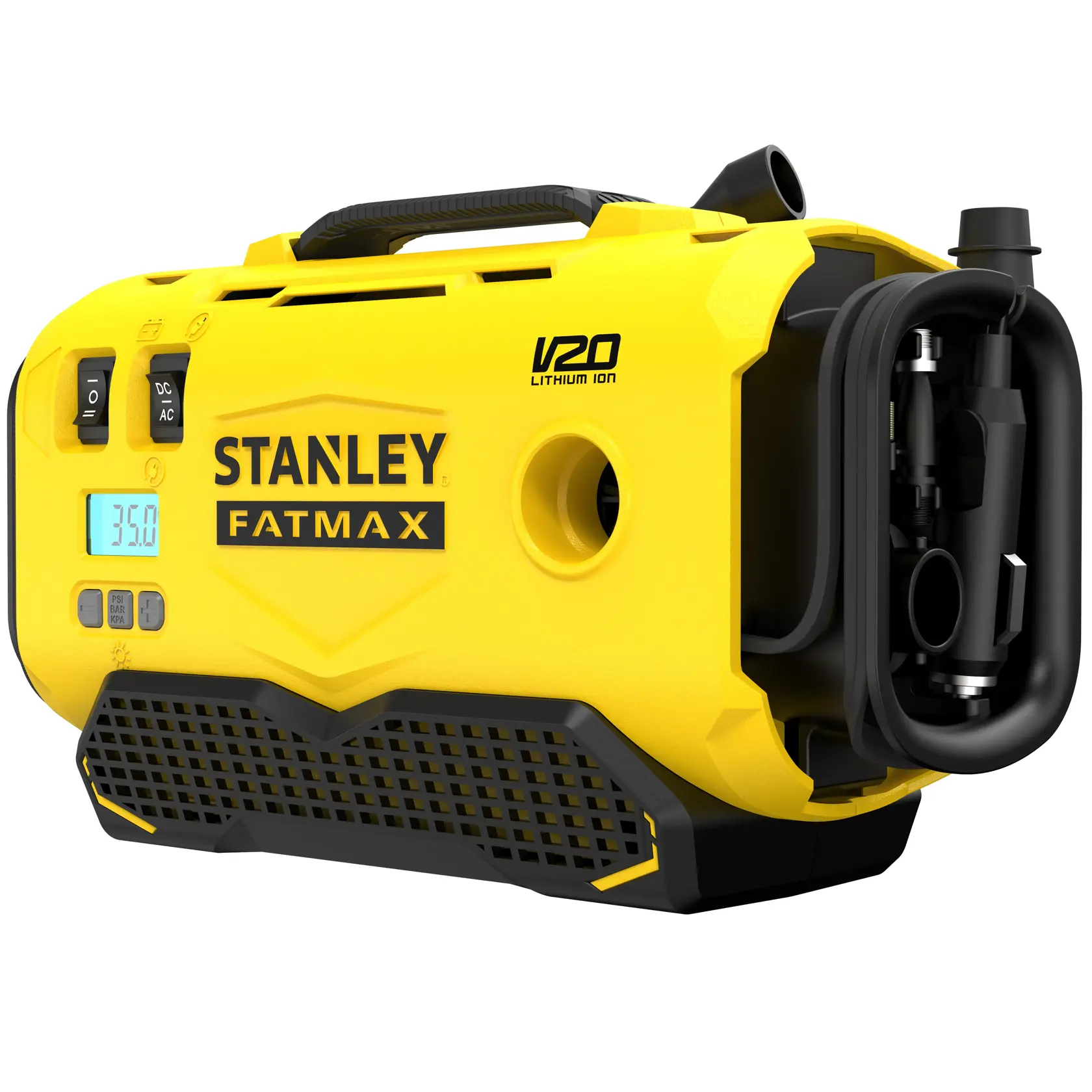 STANLEY SFMCE520B compressore d'aria portatile giallo V20 FATMAX, angolo laterale con tubo e display digitale visibili.