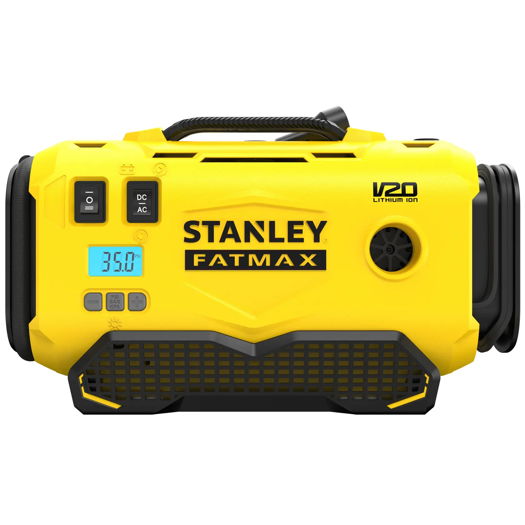 Foto del compressore d'aria portatile STANLEY SFMCE520B, corpo giallo, display digitale, vista frontale su sfondo bianco.