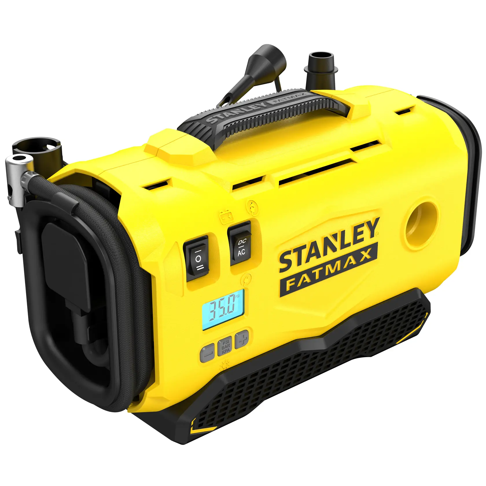 Compressore portatile STANLEY SFMCE520B, giallo e nero, angolazione laterale, con pannello di controllo, maniglia e display digitale.
