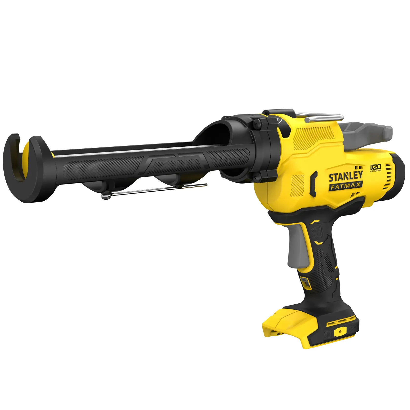 STANLEY SFMCE600B pistola per sigillante senza fili, gialla e nera, vista laterale su sfondo bianco.