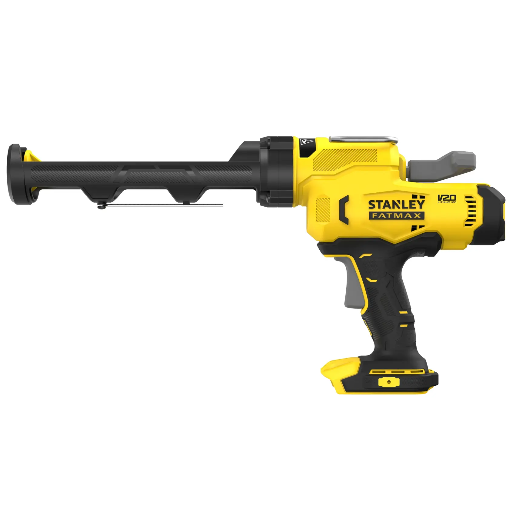 STANLEY SFMCE600B pistola per sigillante, gialla e nera, vista laterale, FATMAX V20 senza fili.