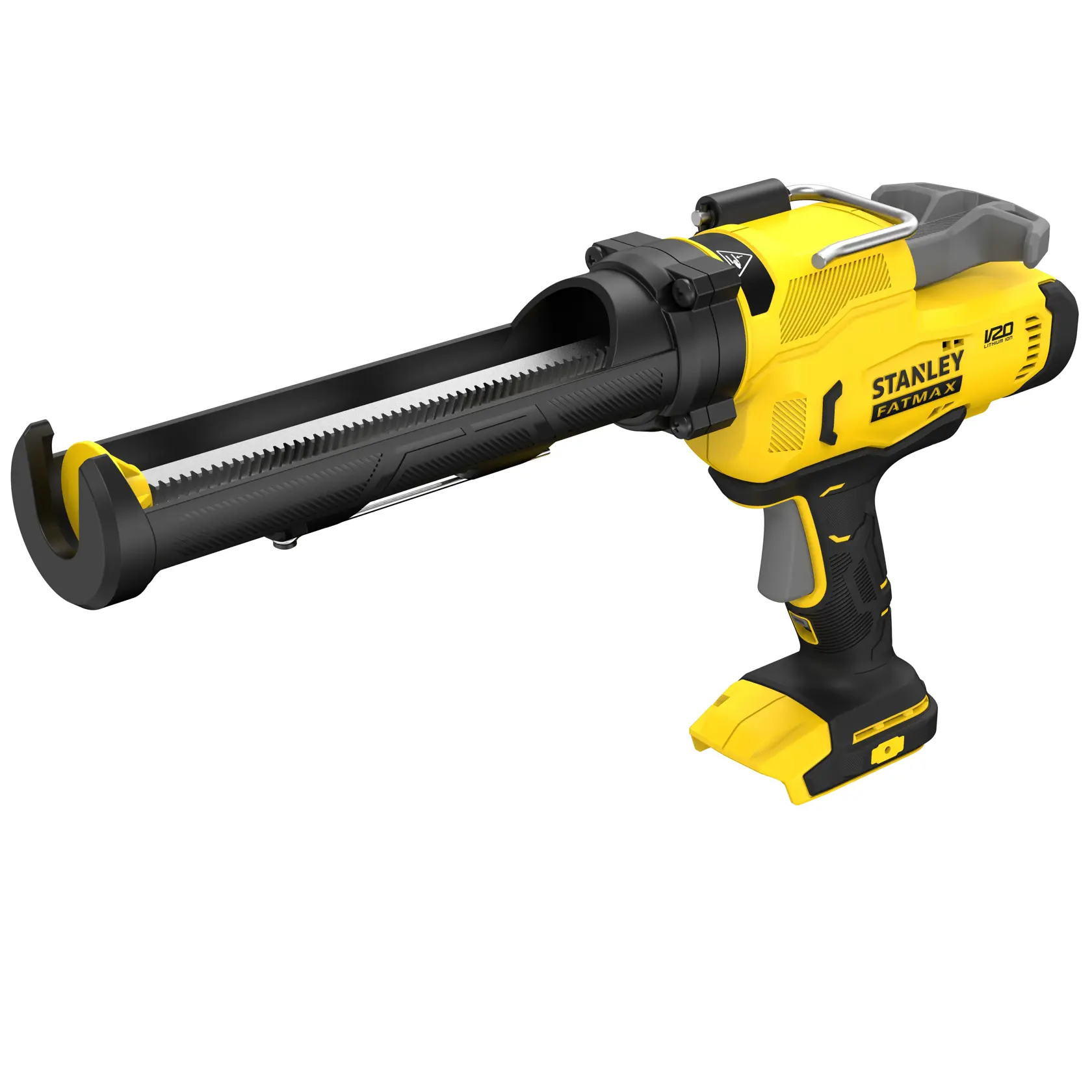 STANLEY SFMCE600B pistola per silicone cordless, gialla e nera, angolo destro, foto su sfondo bianco.