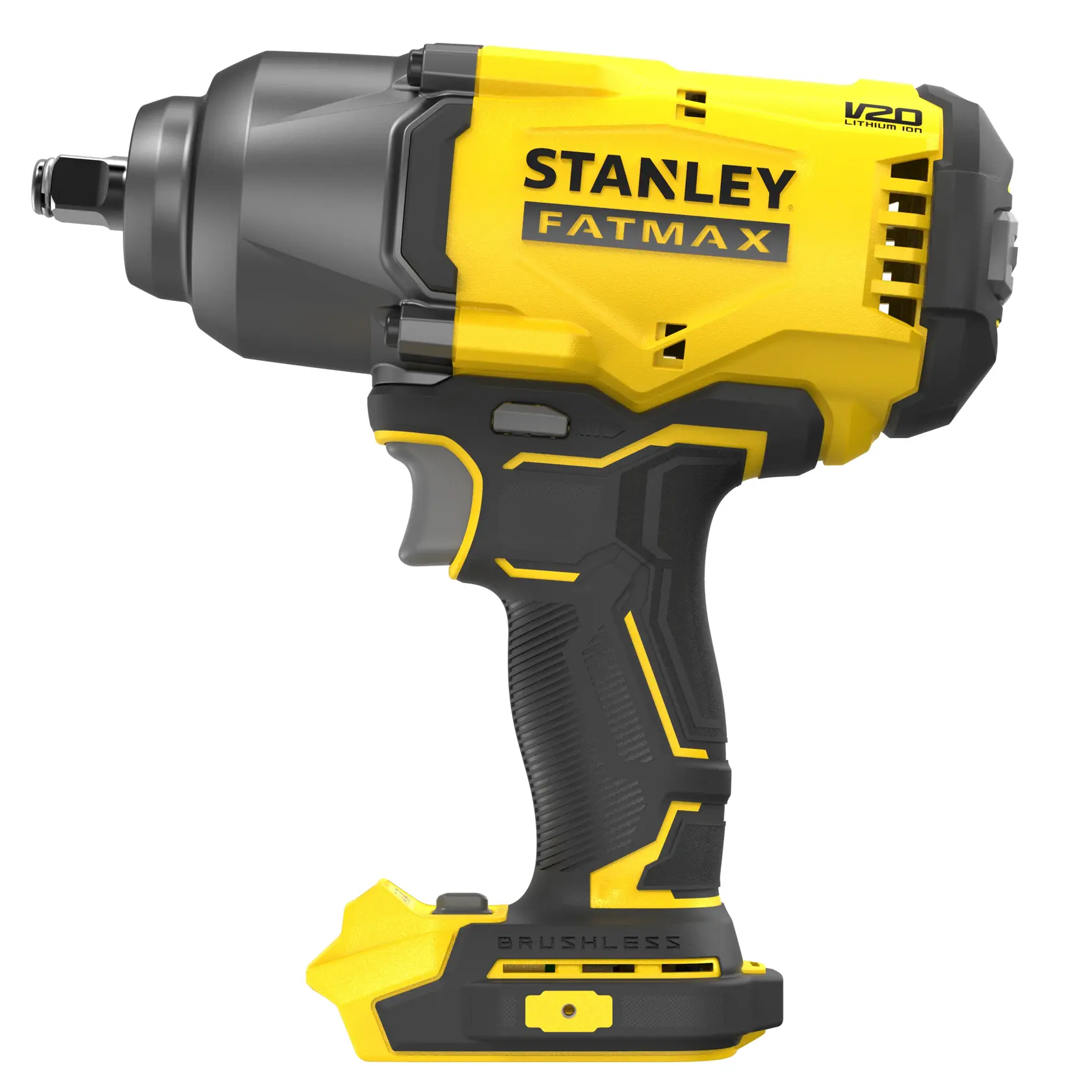 Avvitatore a impulsi a batteria STANLEY SFMCF940B, giallo e nero, serie FATMAX, vista laterale su sfondo bianco.