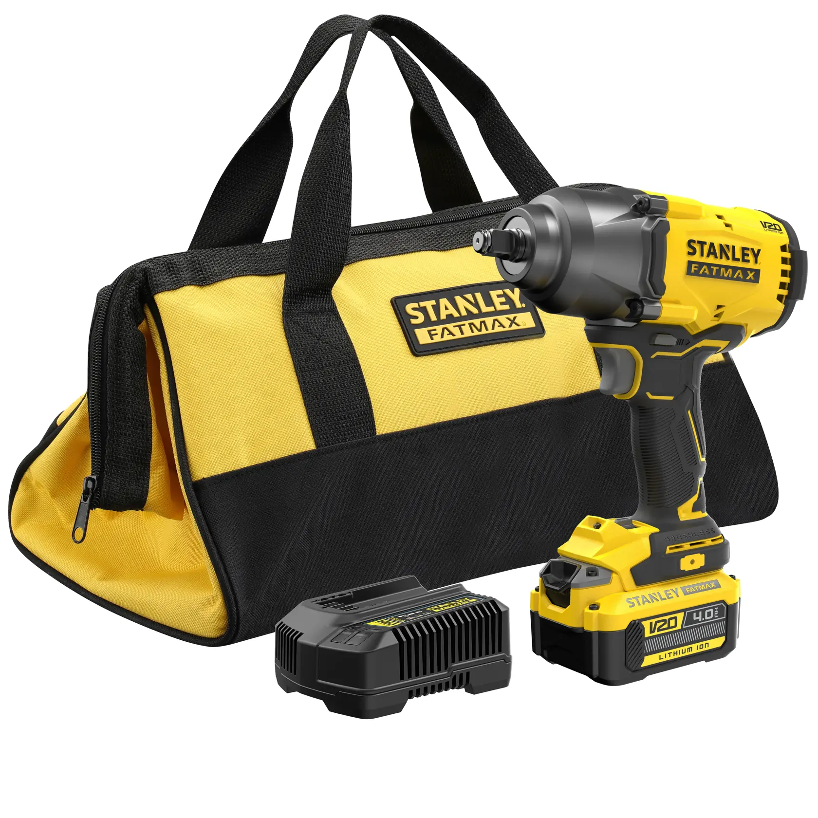 STANLEY SFMCF940M1 avvitatore a impulsi senza filo, giallo e nero, vista laterale su sfondo bianco.
