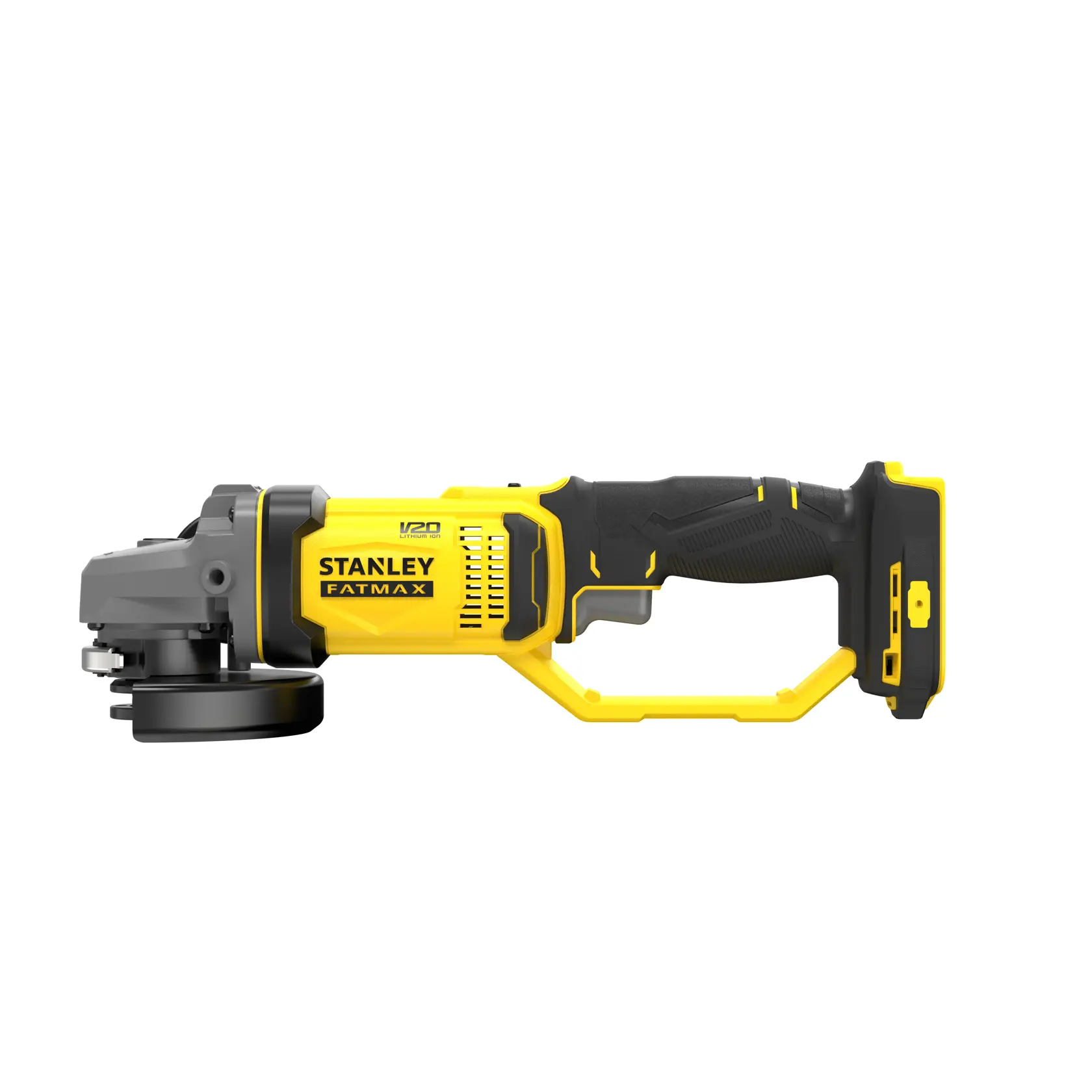 Smerigliatrice angolare a batteria STANLEY SFMCG400B, gialla e nera, vista laterale su sfondo bianco.